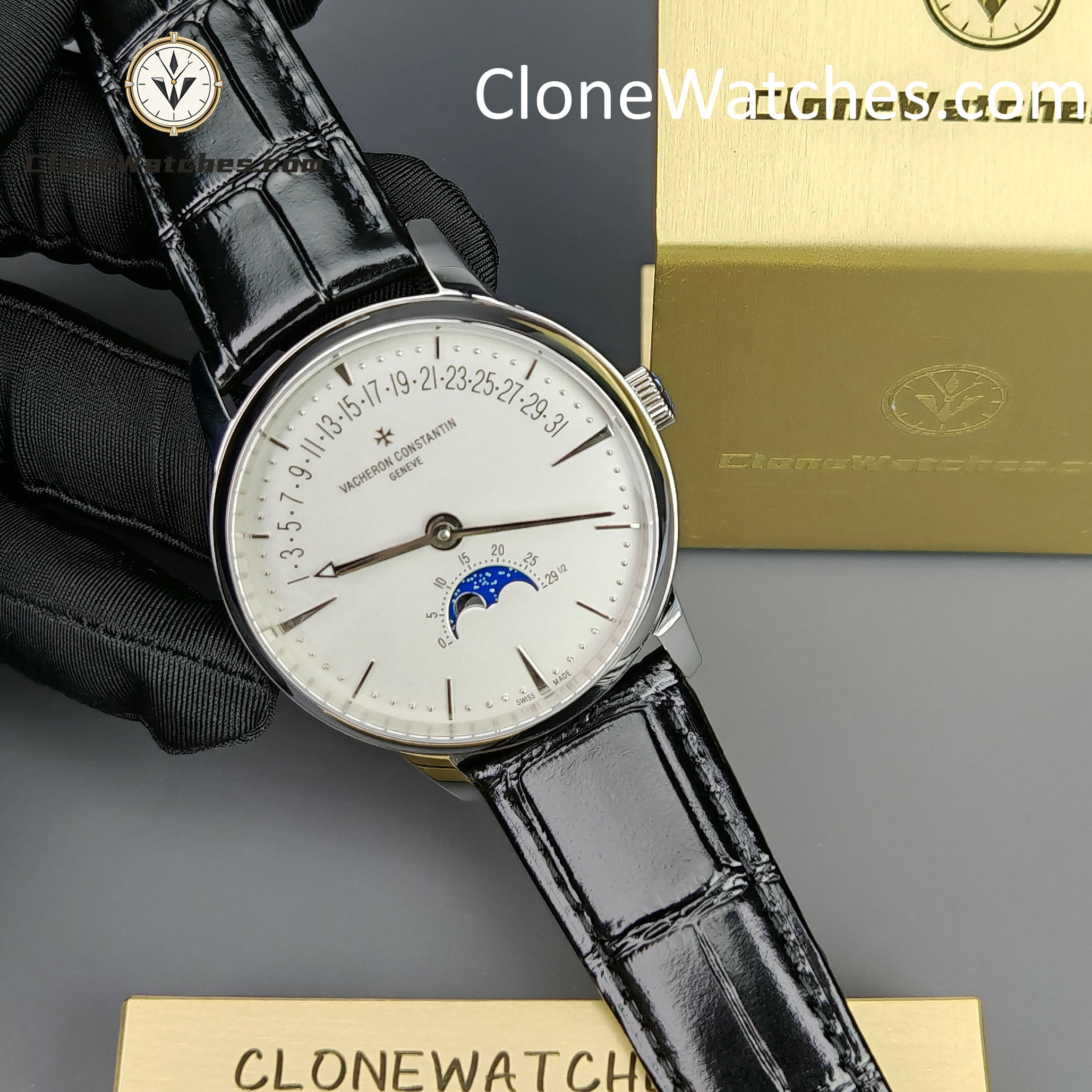 Vacheron Constantin Super Clone Watches 1:1 Patrimony Moon Phase Retrograde Date 4010U/000G-B330 White Dial