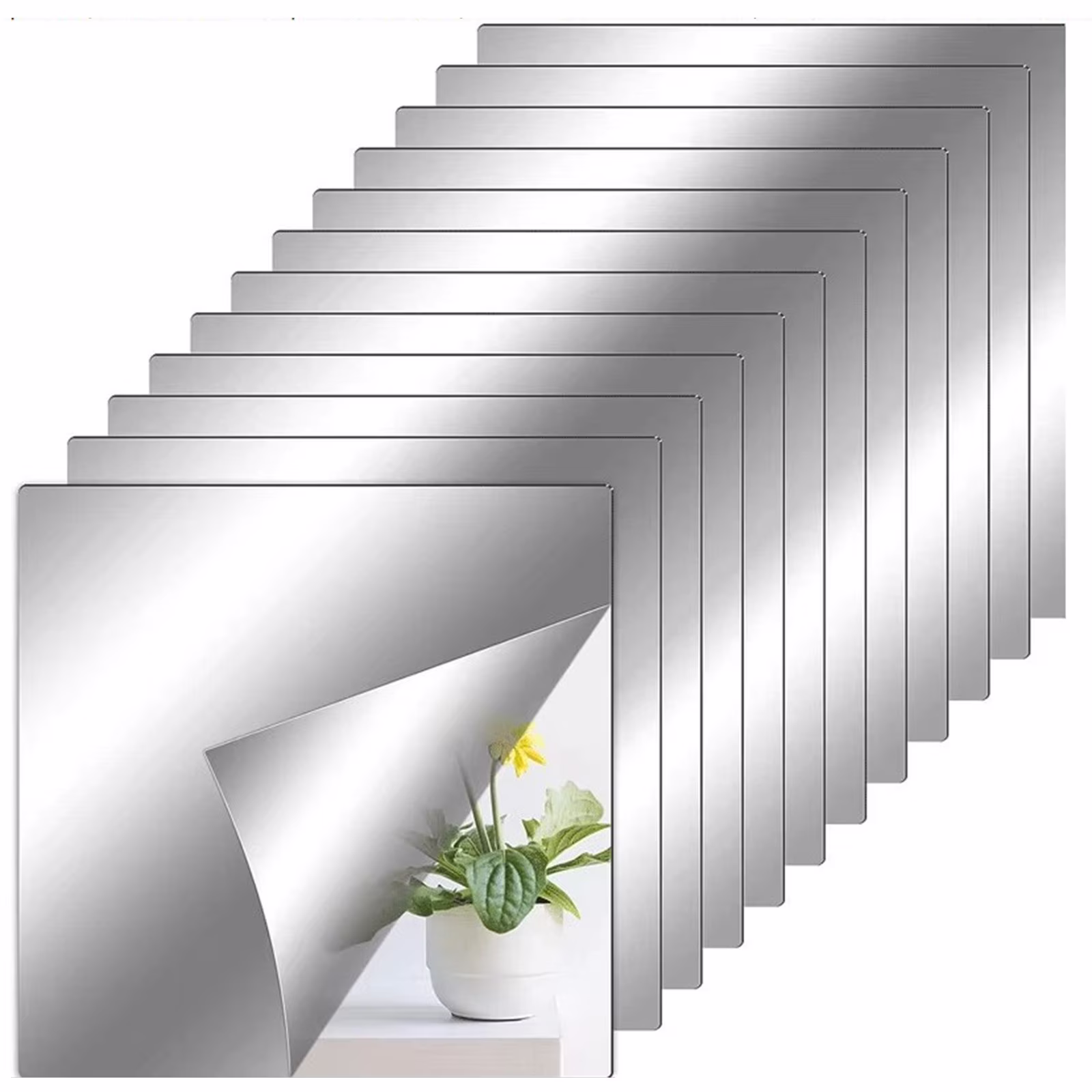 TOPRenddon 12-Pack Peel & Stick Mirror Tiles - 6x6 Inch Flexible Acrylic Wall Mirrors, Shatterproof DIY Decorative Stickers for Bedroom, Bathroom, Closet (Silver)