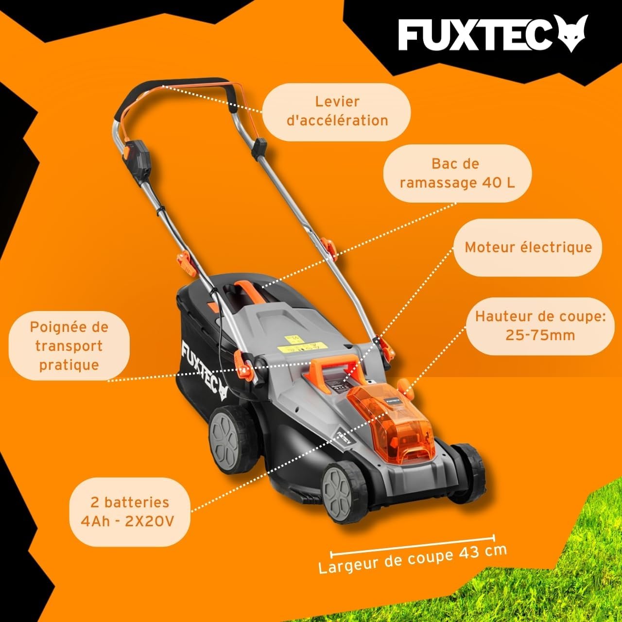 Tondeuse gazon sans fil 40 V 43 cm 40 L hauteur réglable avec batteries et chargeur