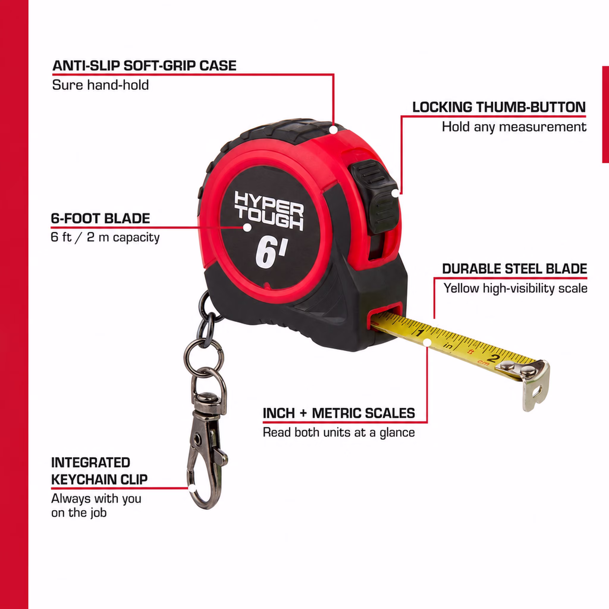 Hyper Tough 6-Foot Tape Measure with Keychain