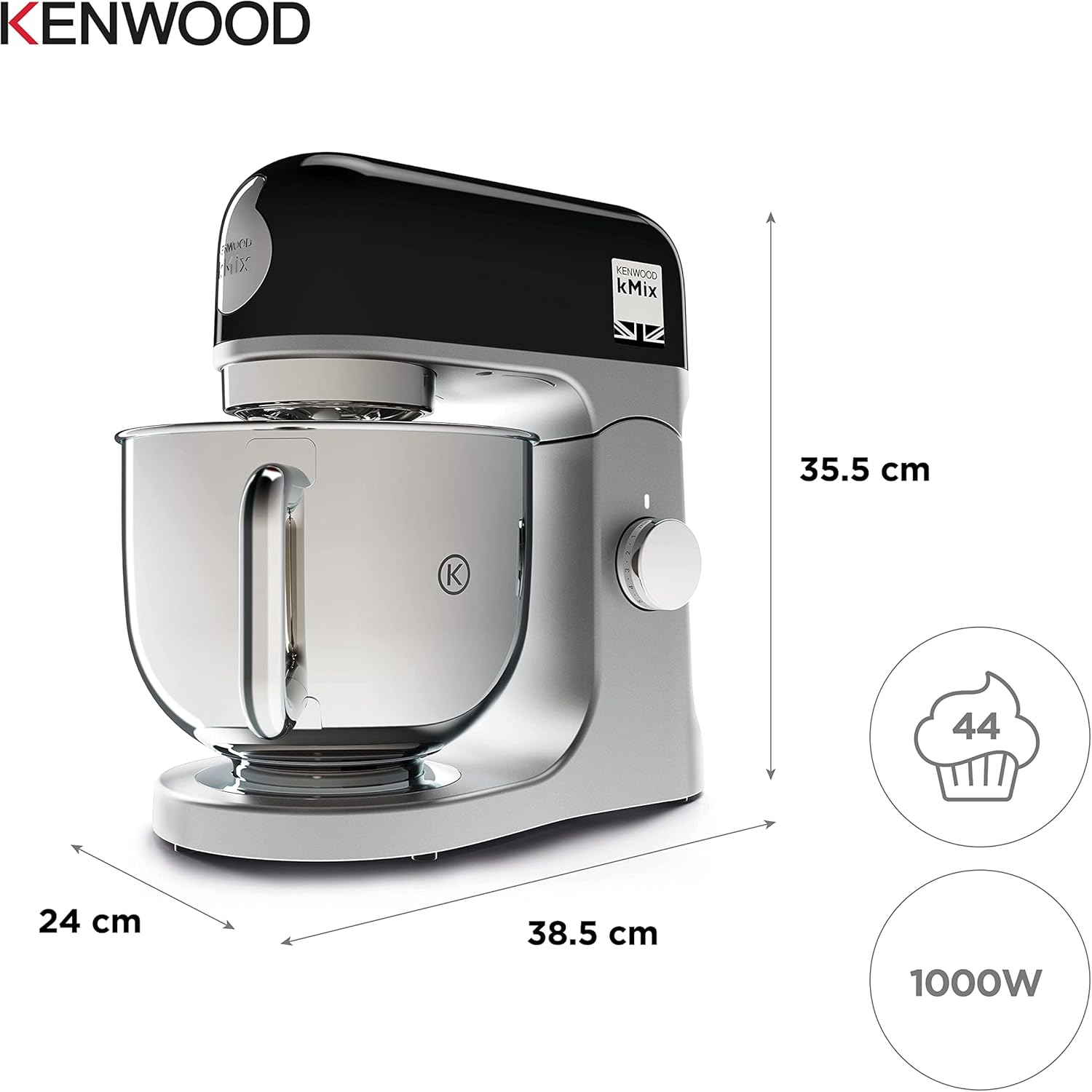 Robot pâtissier KMX750BK bol inox 5 L sécurité boîtier métal kit pâtisserie 3 pièces protection anti éclaboussures 1000W noir
