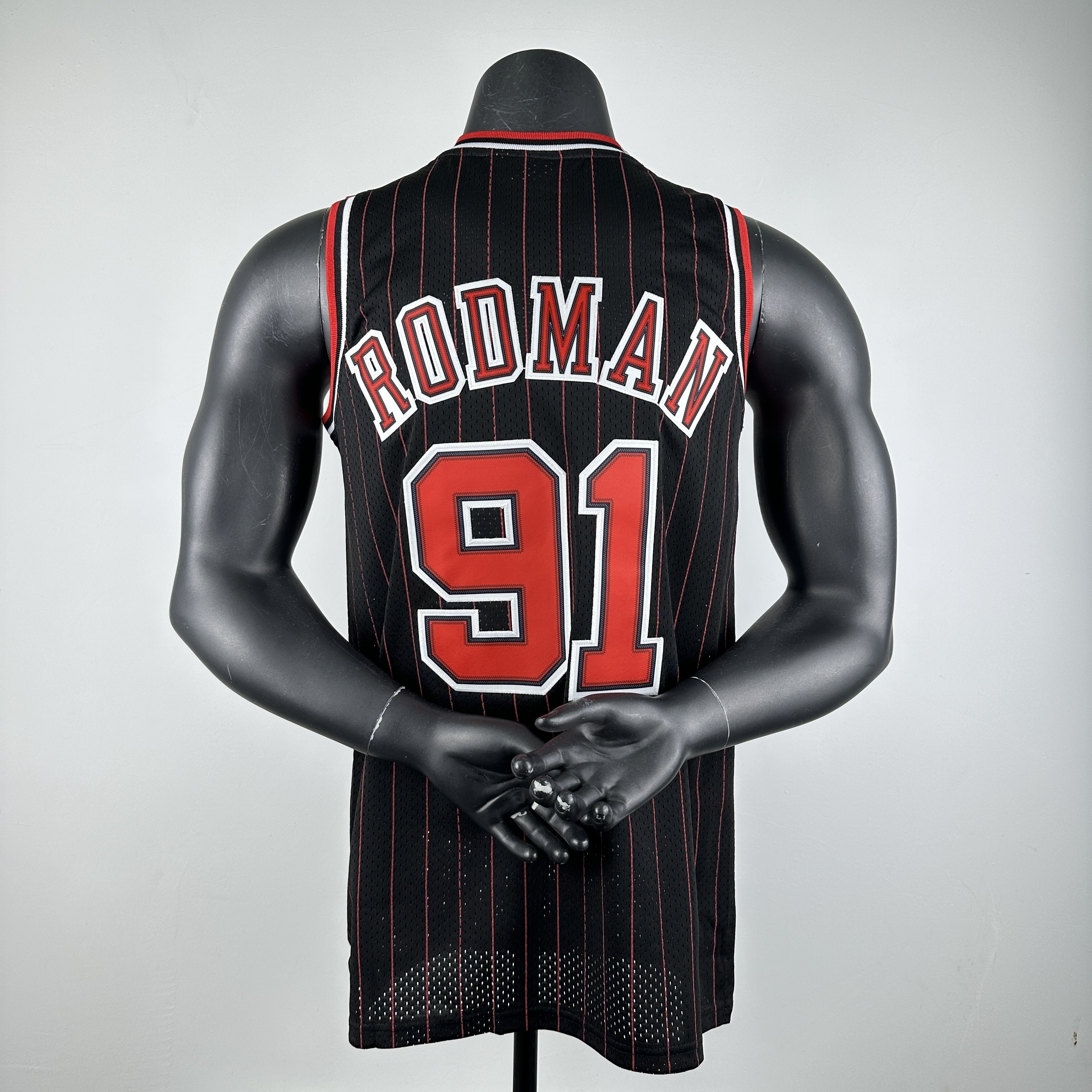 Embroidered MN retro jersey, Bulls 97/98 season, striped black, No. 91, Rodman