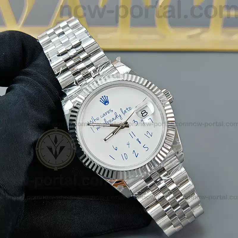 Rolex Super Clone Watches 1:1 DateJust “Who Cares I’m Already Late” White Custom Dial m126334 Jubilee 41MM 3235 Movement