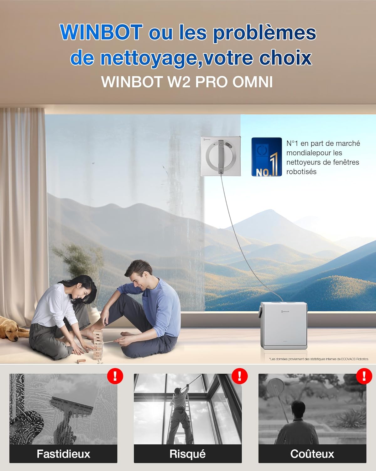 Robot nettoyeur vitres WINBOT W2 Pro Omni station multifonction recharge fonctionnement buse triple protection 12 niveaux