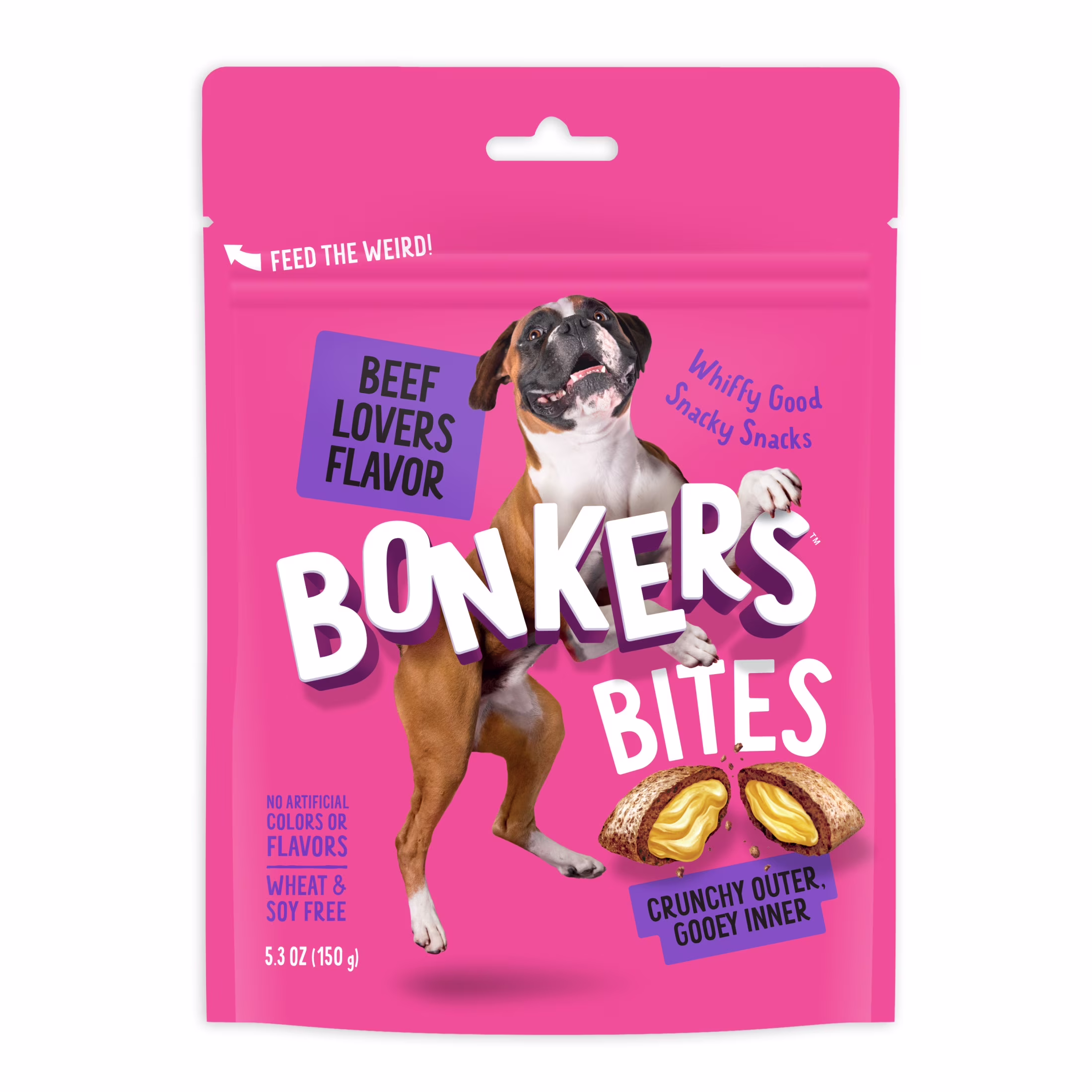 (4 pack) BONKERS Bites Beef Lovers Flavor Crunchy & Soft Treats for Dogs, 5.3oz Bag