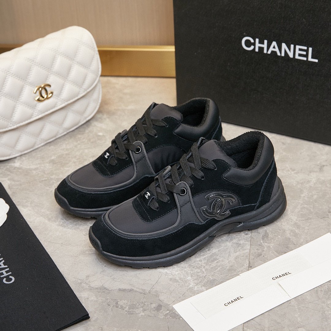 Chanel CC Logo Suede Leather Sneaker Black White Shoe