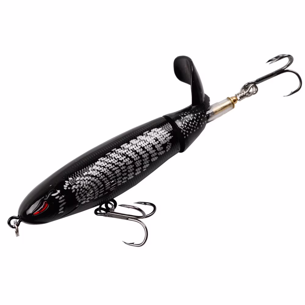 Fishing Topwater Set for Freshwater and Saltwater | Floating Rotating Tail Stosh Hard with Whopper Plopper Style Action, 10cm, Black