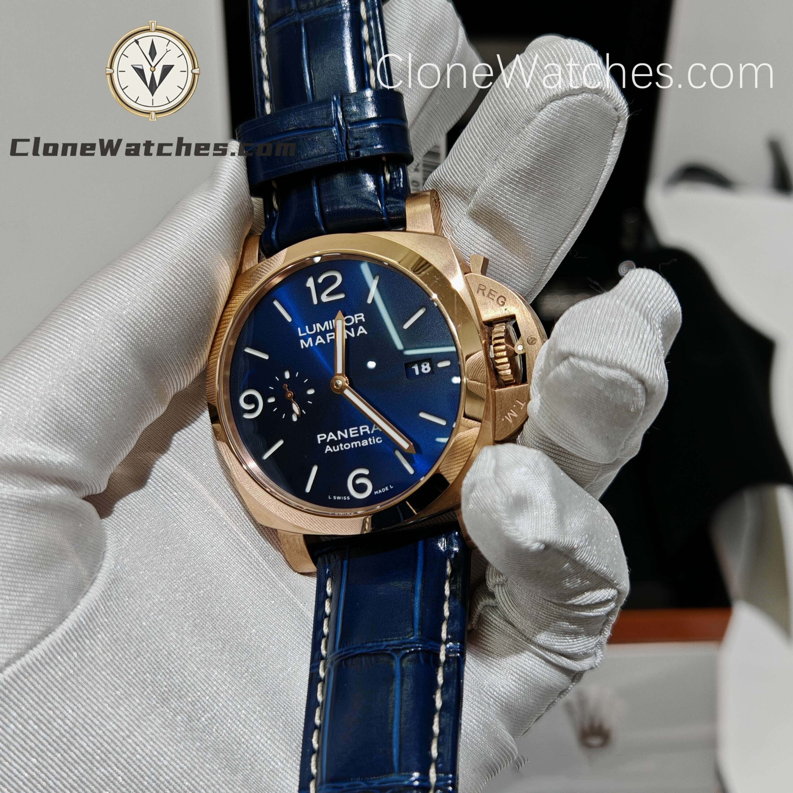 Panerai Super Clone Watches 1:1 18K Rose Gold Blue Dial Luminor Marina GoldtechTM PAM1112