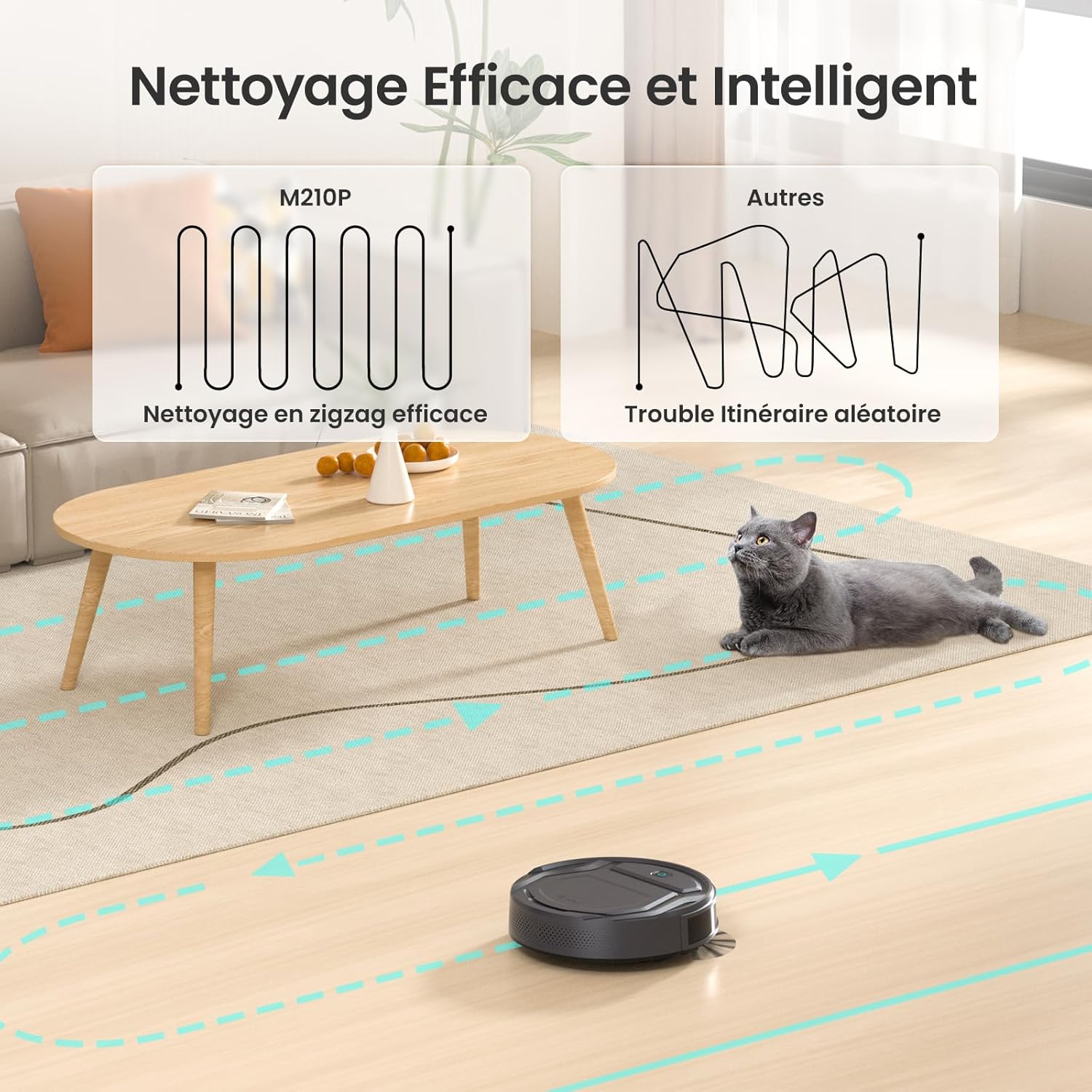 Robot aspirateur M210P 2200Pa mince silencieux 6 modes auto charge WiFi Bluetooth 120 min idéal poils animaux sols tapis