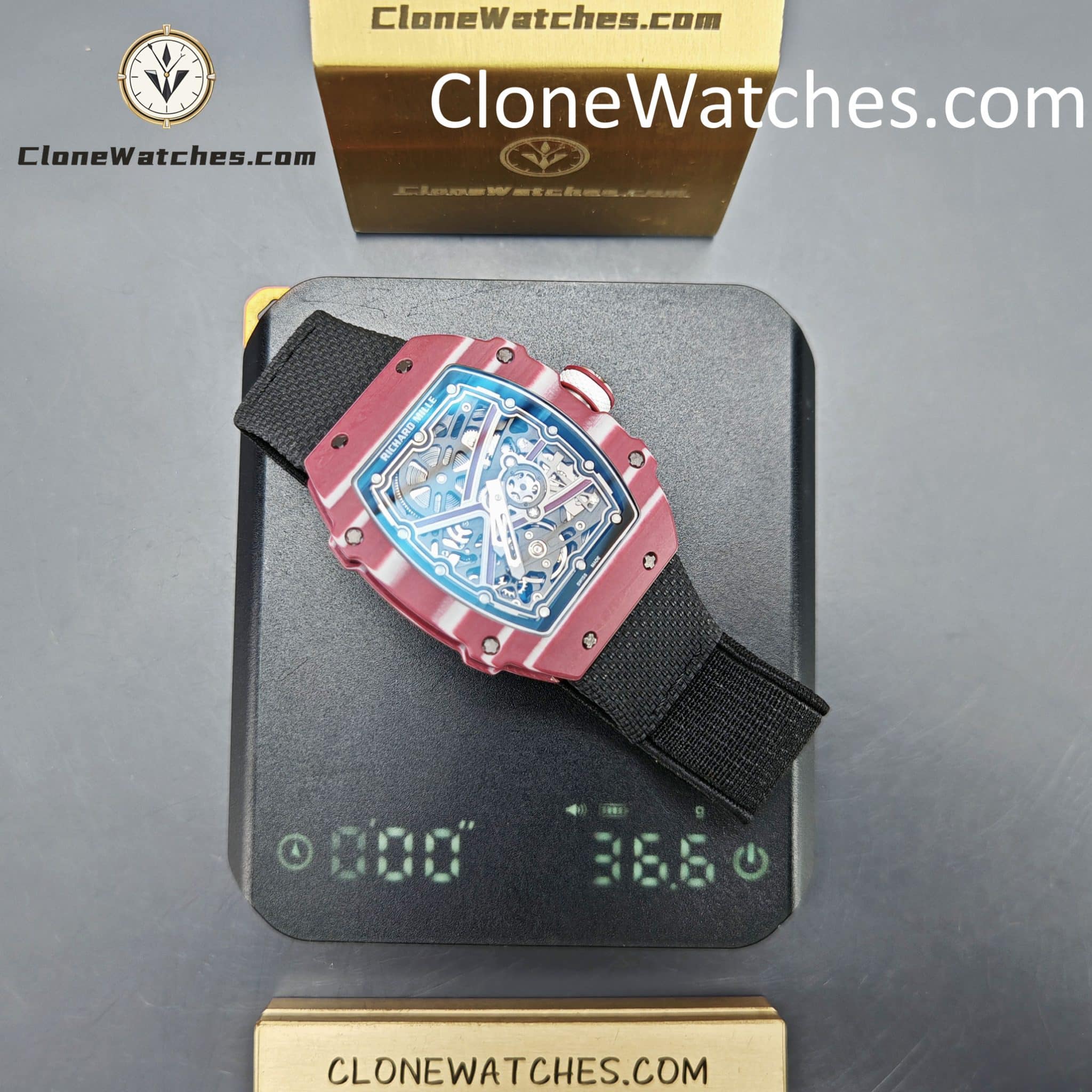Richard Mille Super Clone Watches 1:1 RM 67 – 02 Red Carbon Tourbillon White Strap