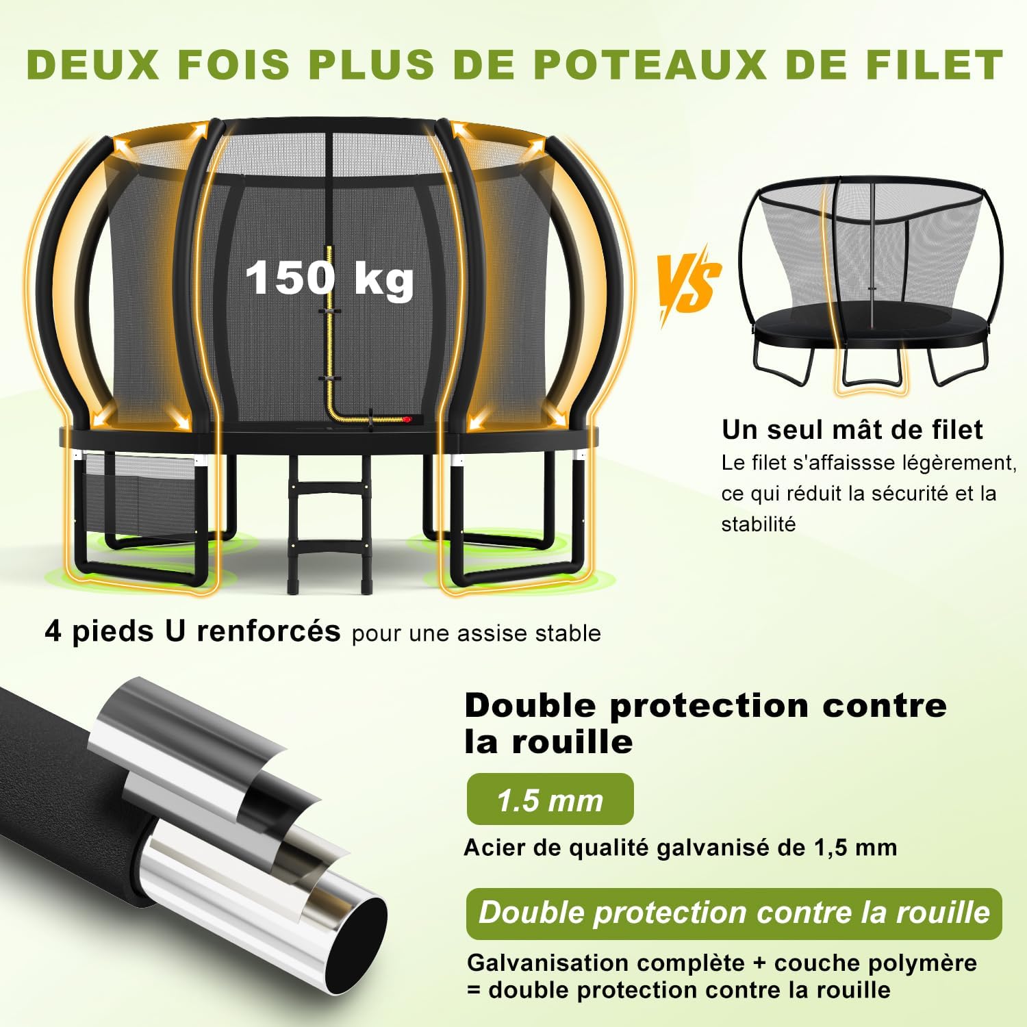 Trampoline extérieur 228 305 366 427 cm filet sécurité charge 150 kg