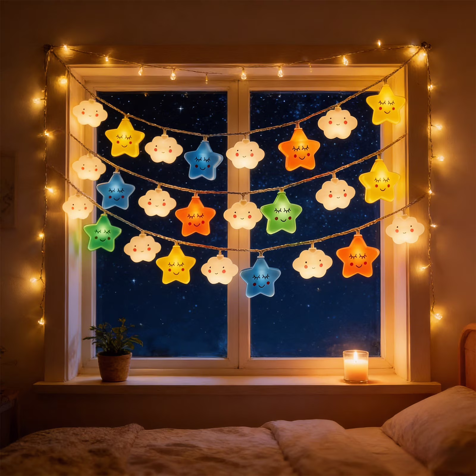 Anhility Star Cloud String Lights Battery Operated 59.06 10LED Star Cloud String Lights for Indoor Bedroom Tent Loft Bed Patio Party Wedding Ramadan Decorations, Multicolor