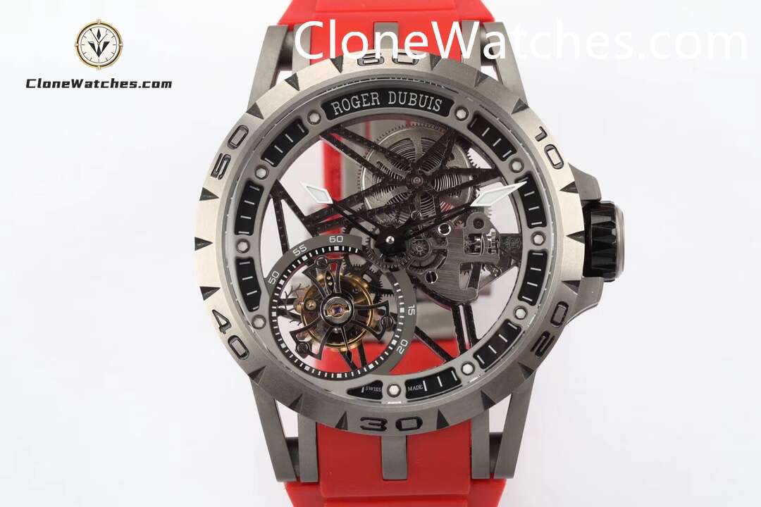 Roger Dubuis Super Clone Watches 1:1 Excalibur Skeleton Tourbillon RDDBEX0479 45MM Red Strap