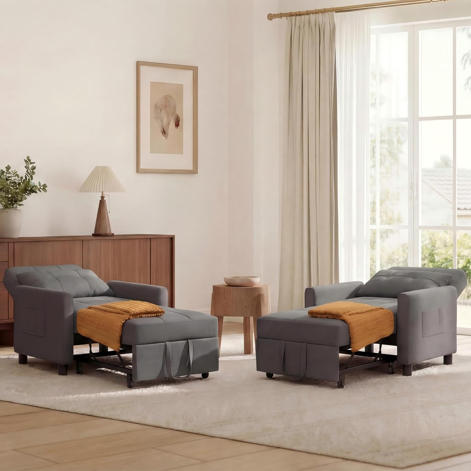 Fauteuil chauffeuse 1 place 3 en 1 convertible lit coussin sac gris foncé