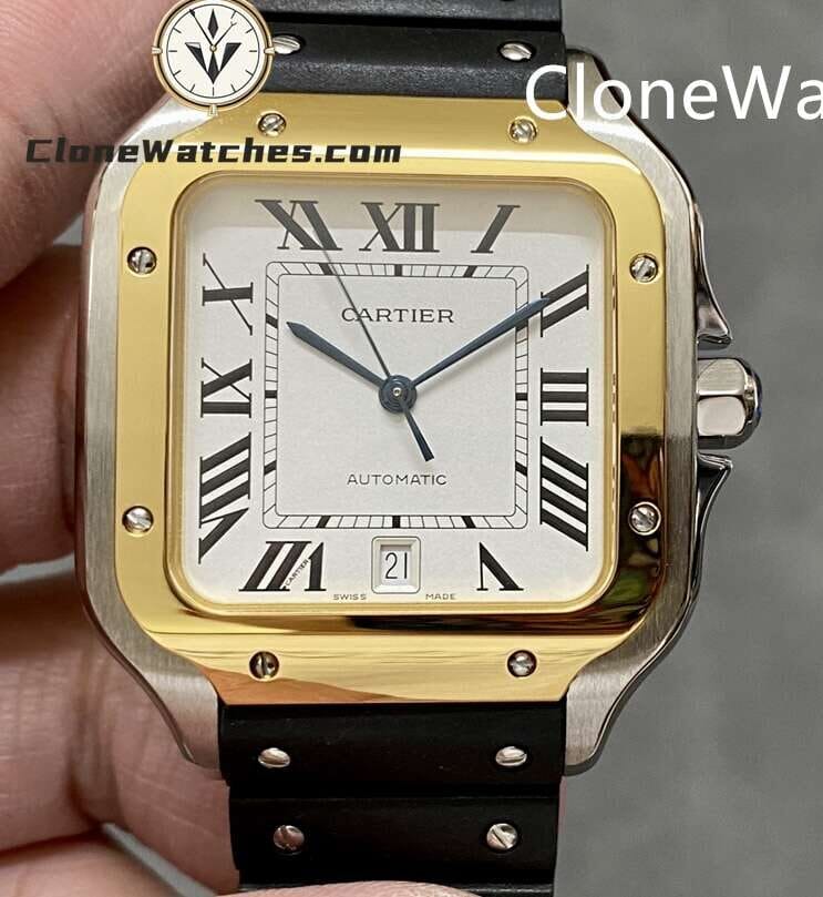 Cartier Super Clone Watches 1:1 Santos Series White Dial 18K gold plated 39.8MM W2SA0009 Rubber Strap