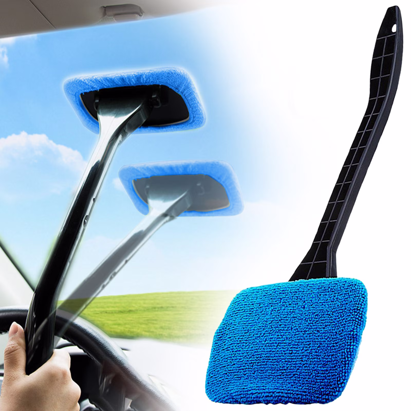 Liulin Windshield Cleaning Tool, Microfiber Car Window Cleaner with Long Handle, Auto Inside Glass Wiper Cleaning Kit, Car Accessories, 15.4", Blue