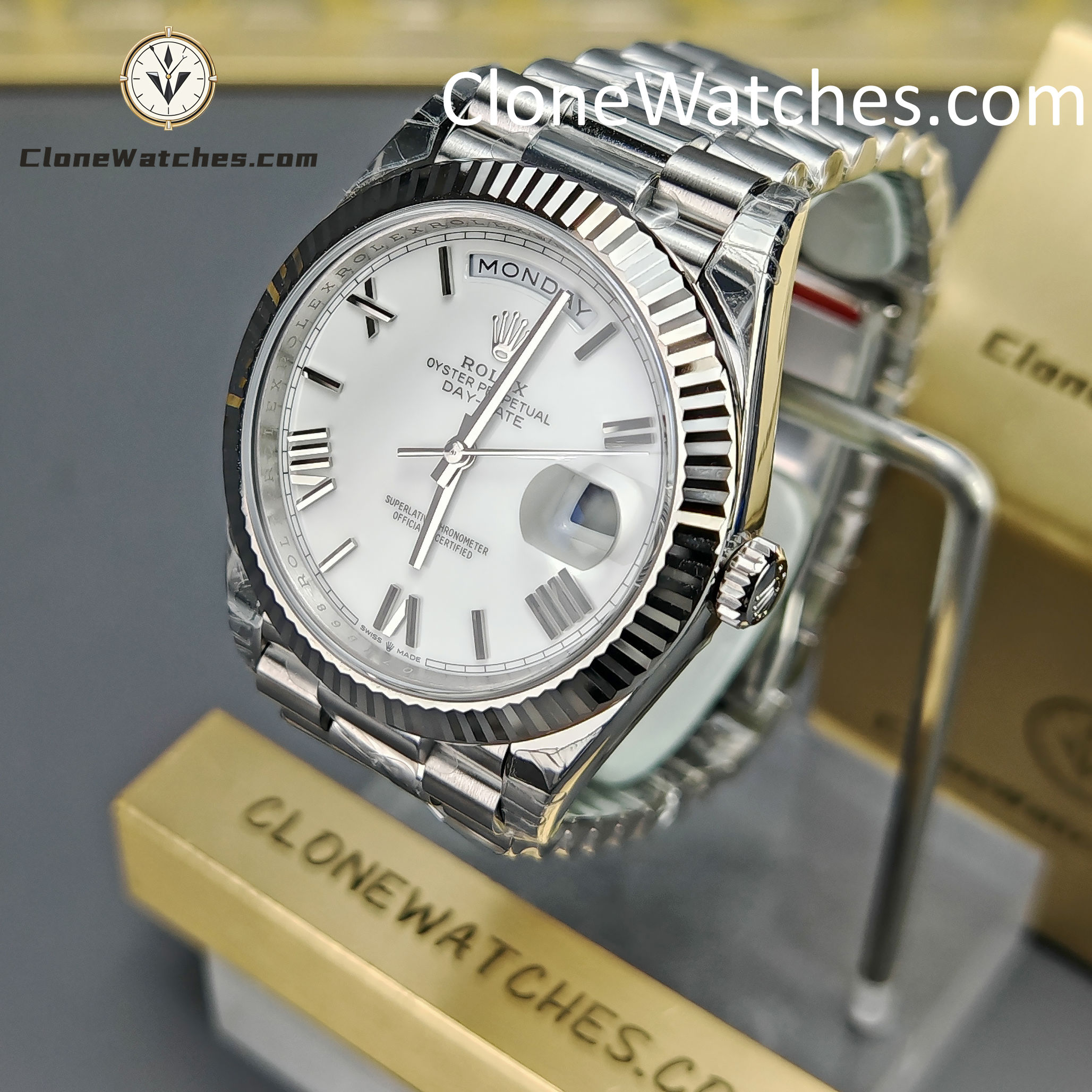 Rolex Super Clone Watches 1:1 Day Date White Roman Dial 40mm m228239-0046 VSF Version 3255 Movement