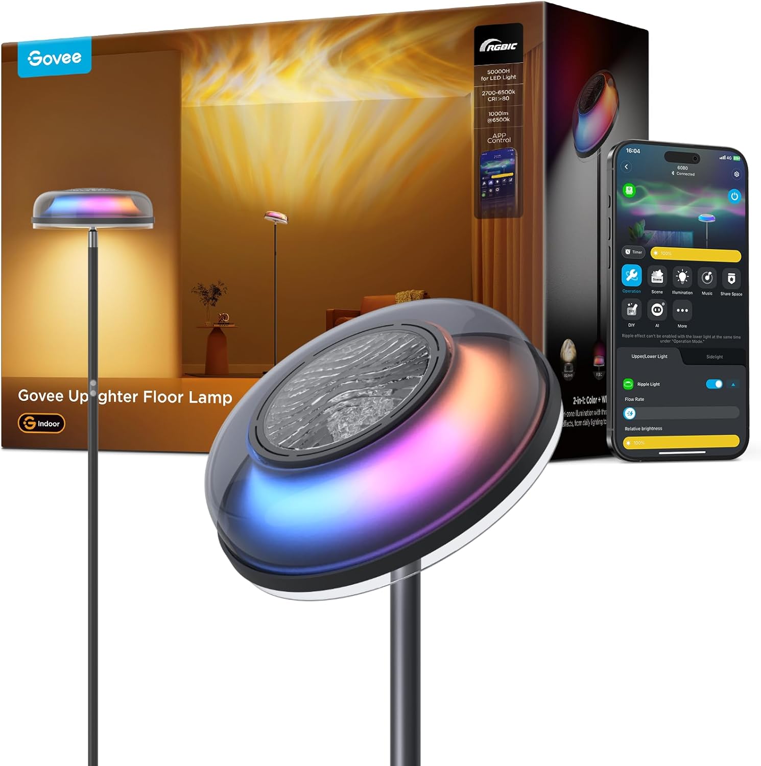 Lampadaire salon RGBIC trois zones 1000 lm 2700 6500 K compatible Matter Alexa