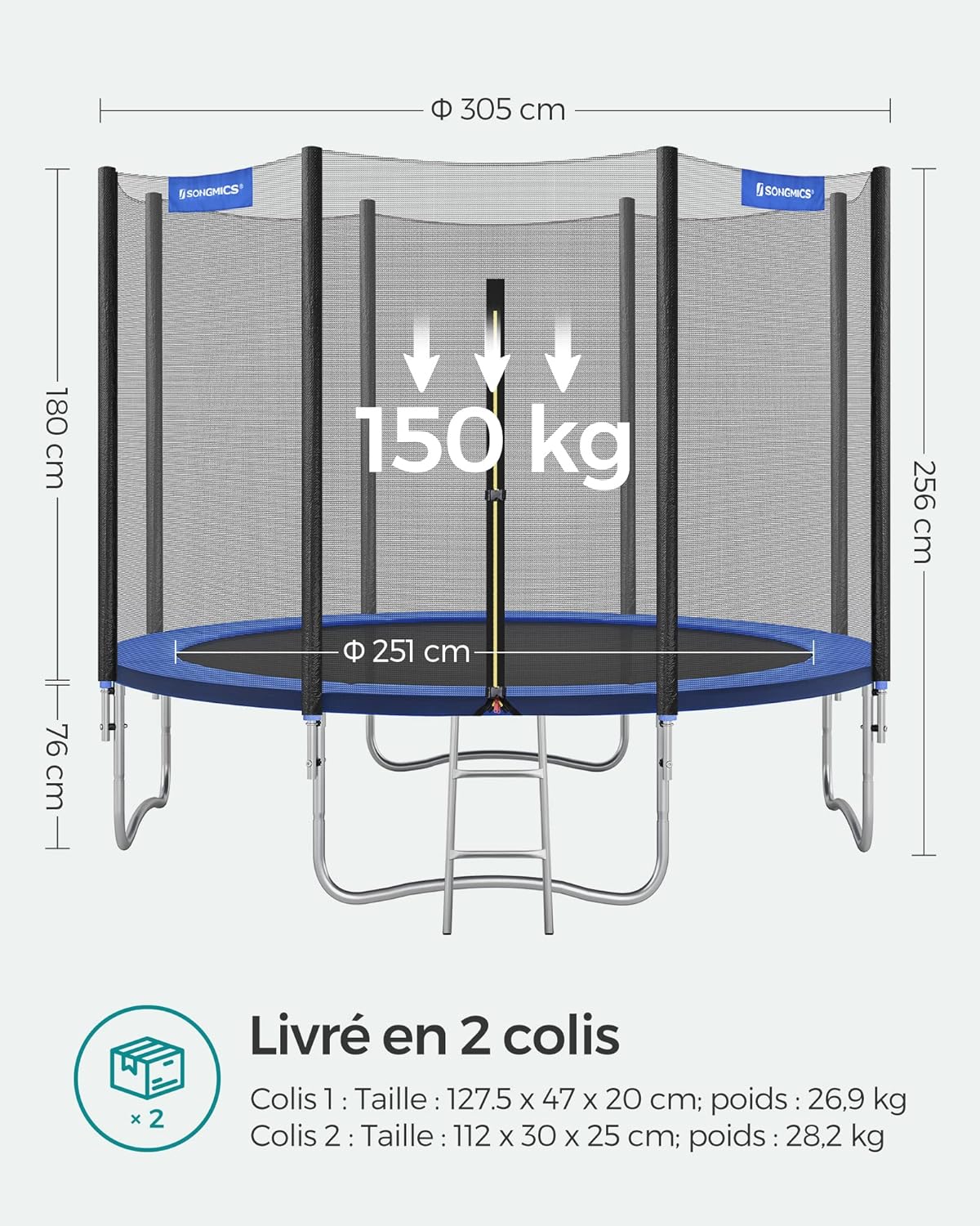 Trampoline extérieur enfant diamètre 183 244 305 366 427 cm filet échelle