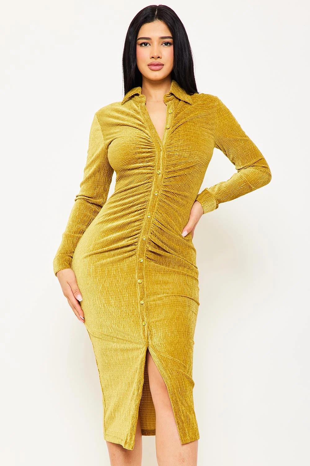 Symphony Dress - Textured Fabric Button Up Front Midi Shirt Dress