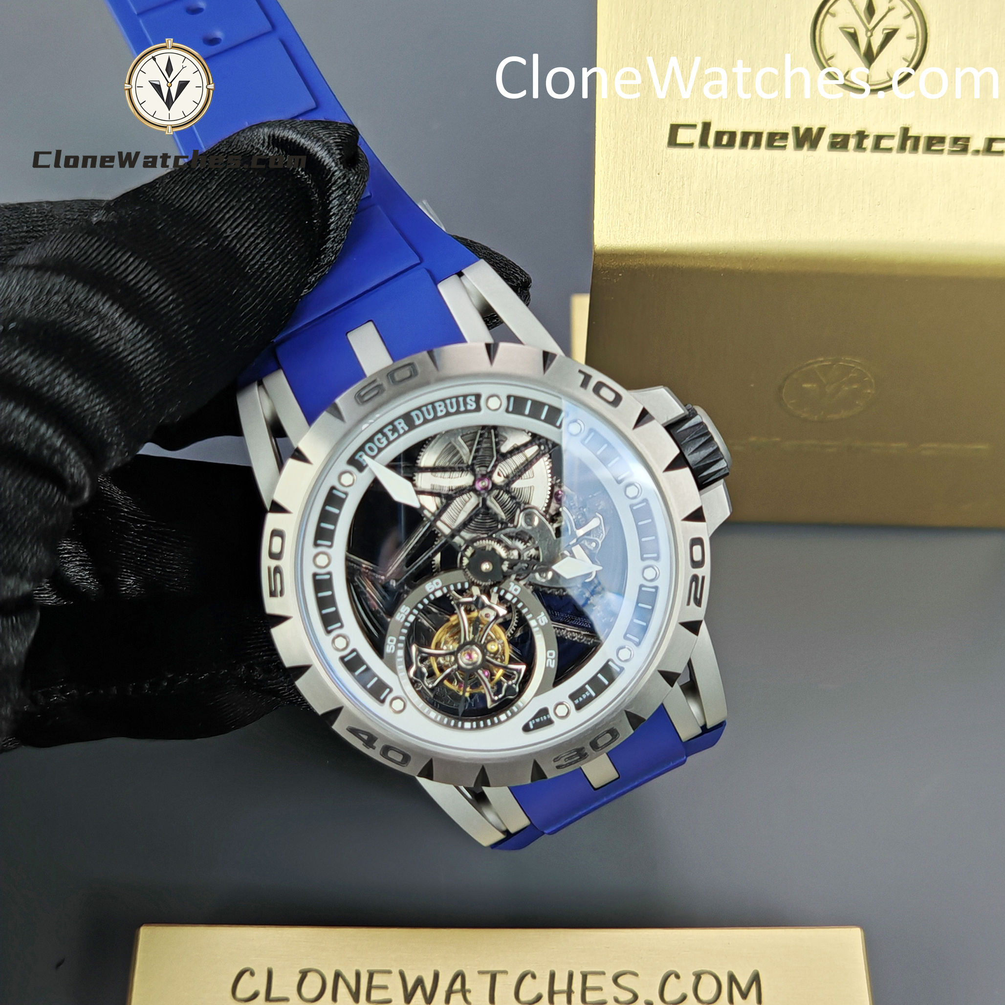Roger Dubuis Super Clone Watches 1:1 Excalibur Skeleton Tourbillon RDDBEX0479 45MM Blue Strap