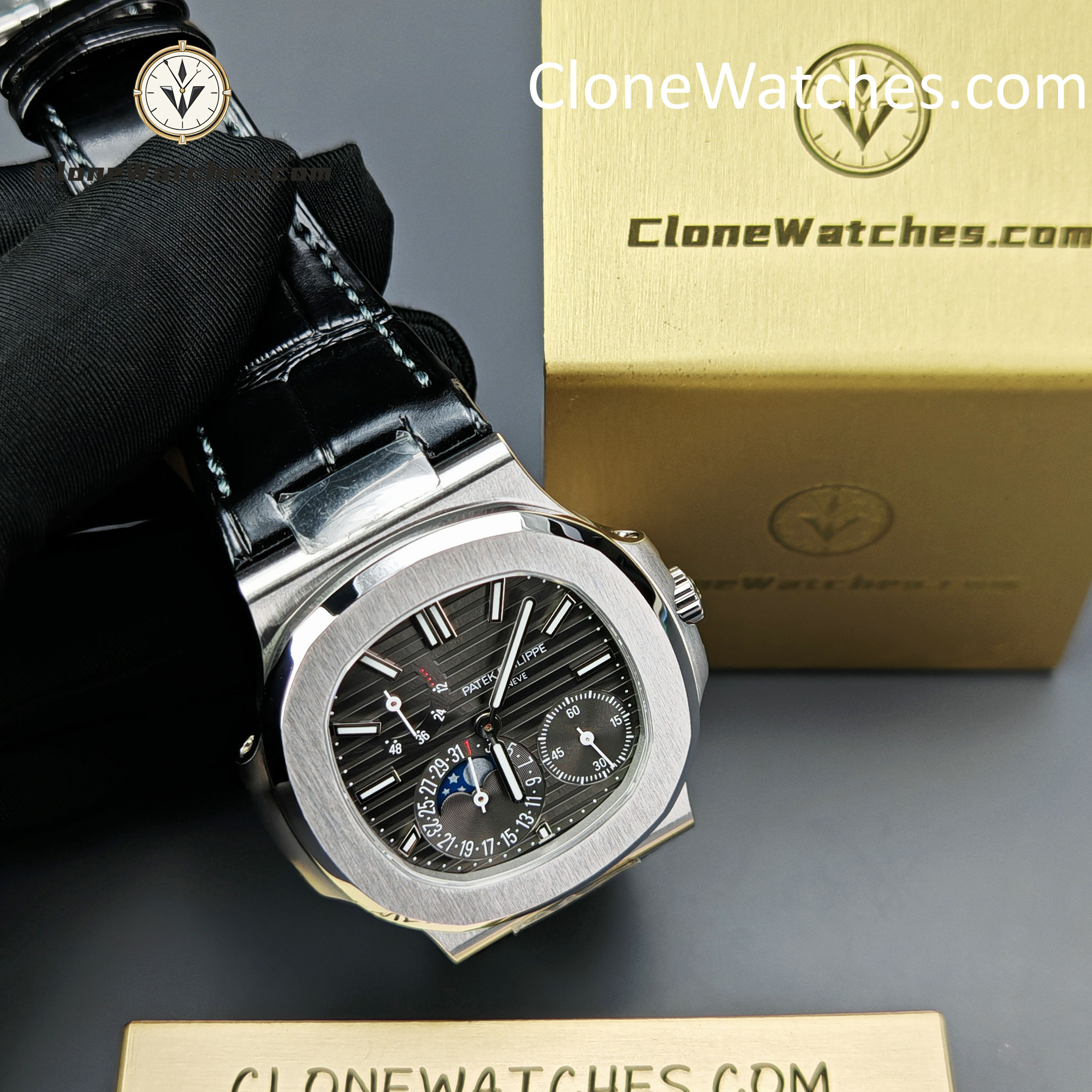 Patek Philippe Super Clone Watches 1:1 Nautilus 5712 Gray Dial Black Leather Strap