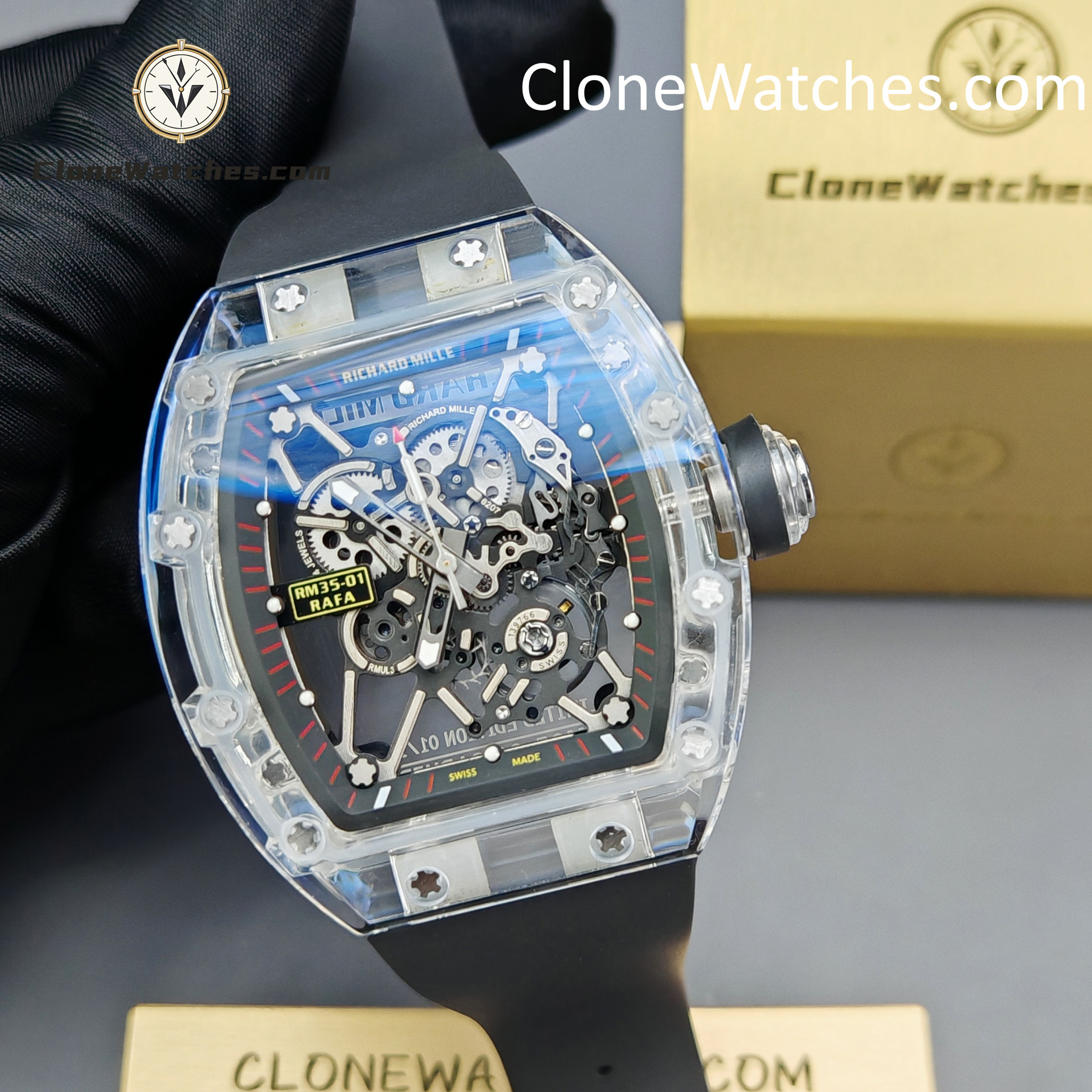 Richard Mille Super Clone Watches 1:1 RM 035 Full Transparent Tourbillon Black Strap