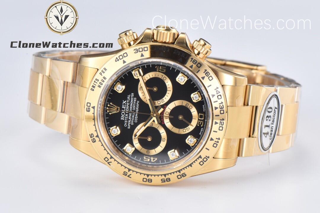 Rolex Super Clone Watches 1:1 Daytona 18K Gold Black Diamond Dial M116508-0016 4130 Movement