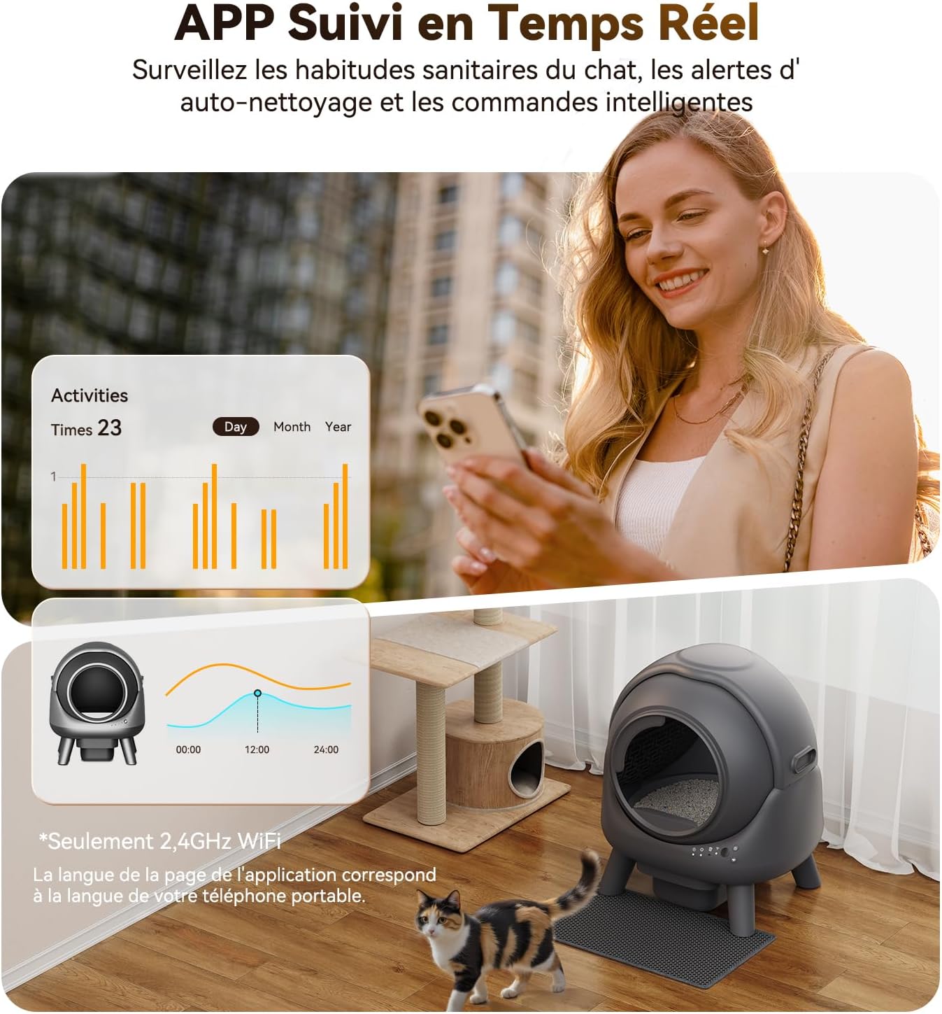 Litière chat autonettoyante bac automatique anti odeur contrôle app capacité 65L