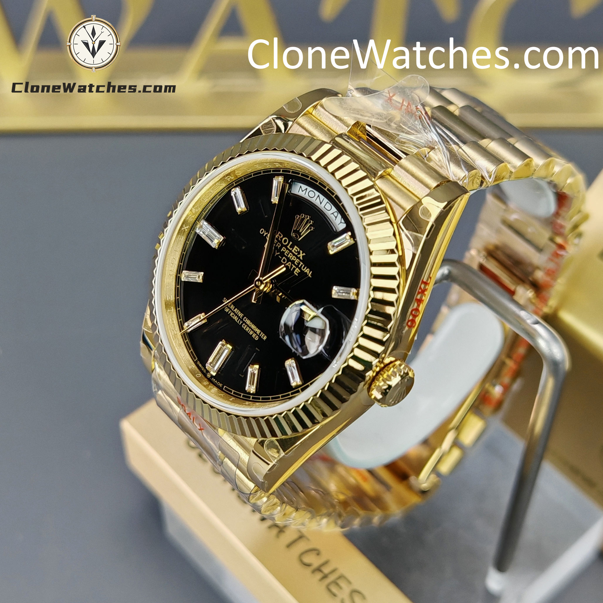 Rolex Super Clone Watches 1:1 Day Date 18K Gold Black Diamond Dial 40mm m228238-0059 3255 Movement