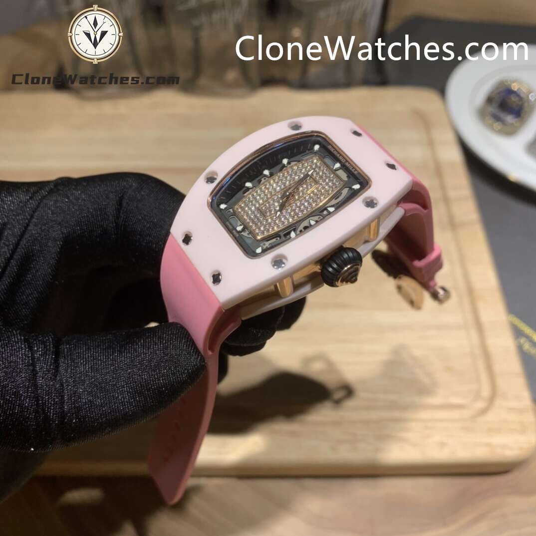 Richard Mille Super Clone Watches 1:1 RM 07 – 01 Pink Ceramic Diamond Dial Pink Strap