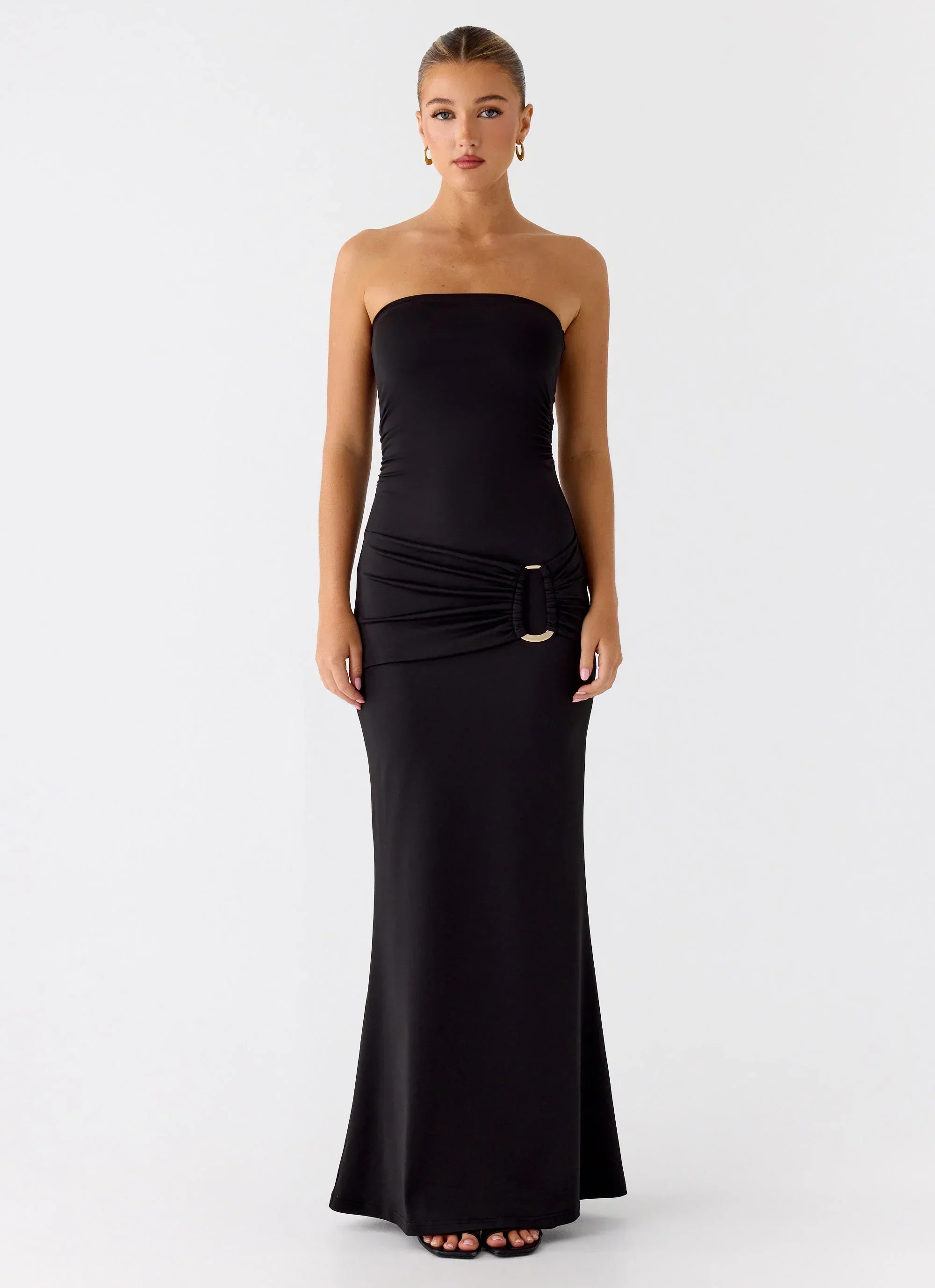 Metal Heart Strapless Maxi Dress - Black
