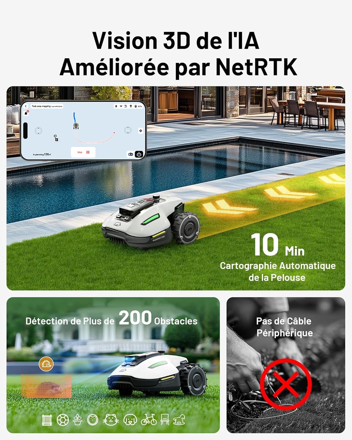Robot tondeuse YUKA Mini 500 sans fil NetRTK Vision pente 50% cartographie auto module 4G