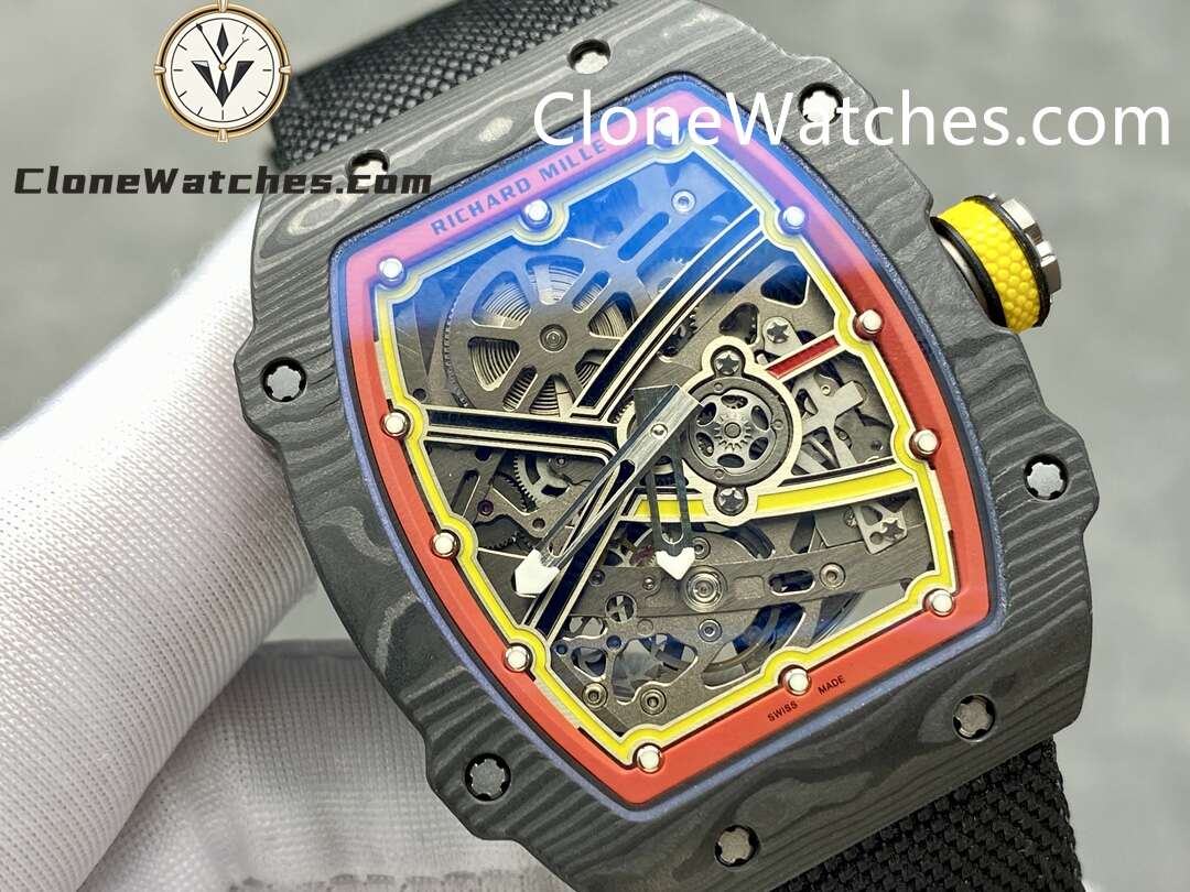 Richard Mille Super Clone Watches 1:1 RM 67 – 02 Carbon Tourbillon Red & Yellow Inner Bezel Black Strap