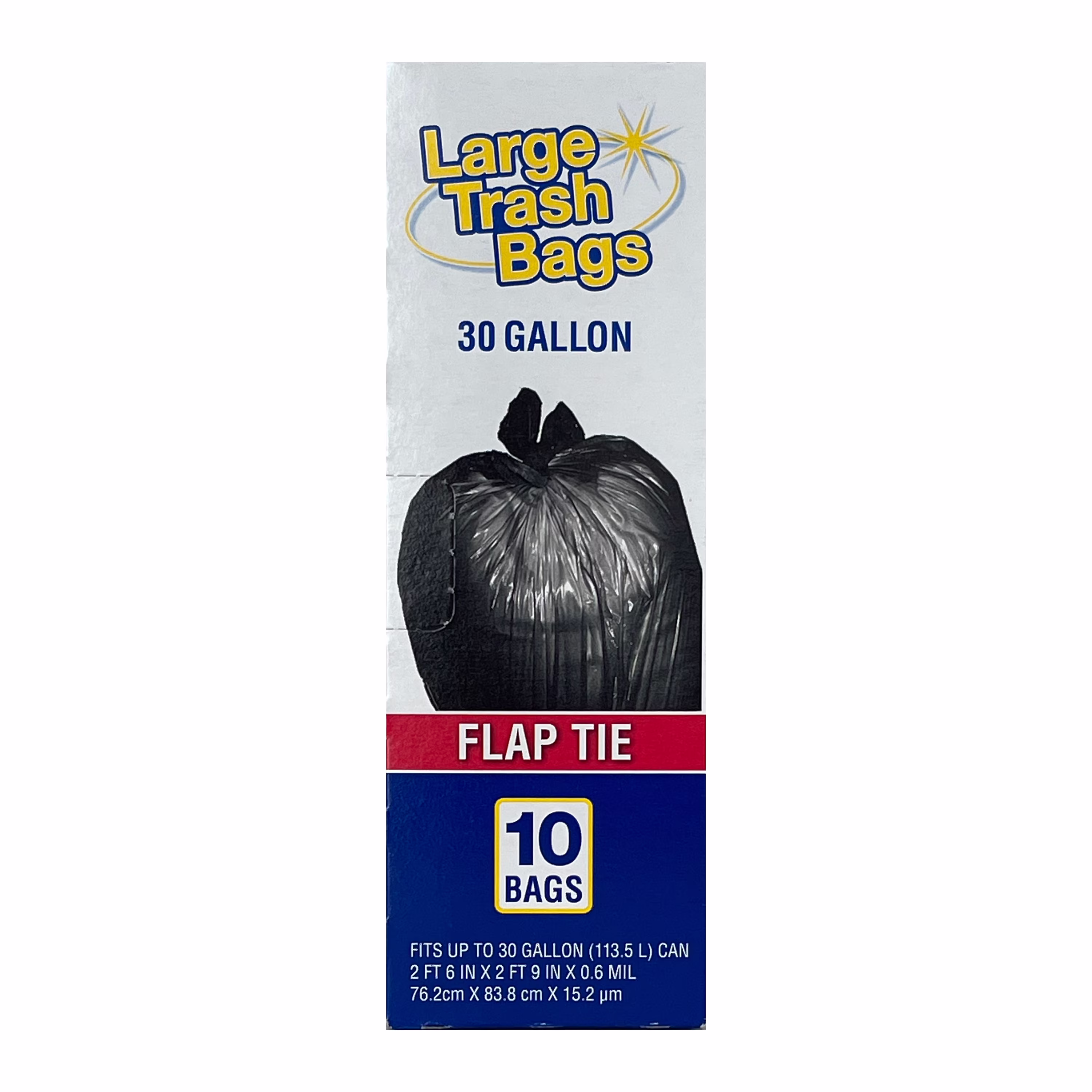 Basic Large Trash Bags, 30 Gallon, Flap Tie, 10 Bags