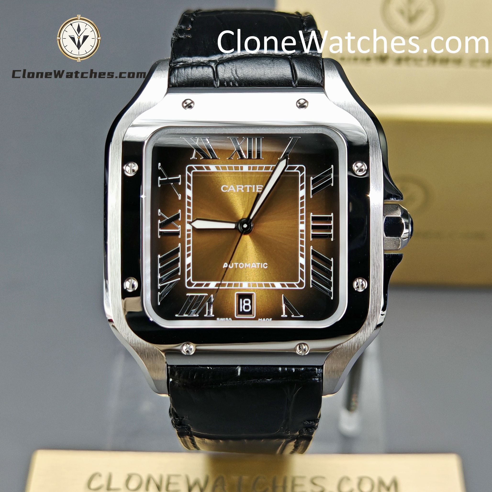 Cartier Super Clone Watches 1:1 Santos Gradient Brown Dial 39.8MM WSSA0064 Black Leather Belt