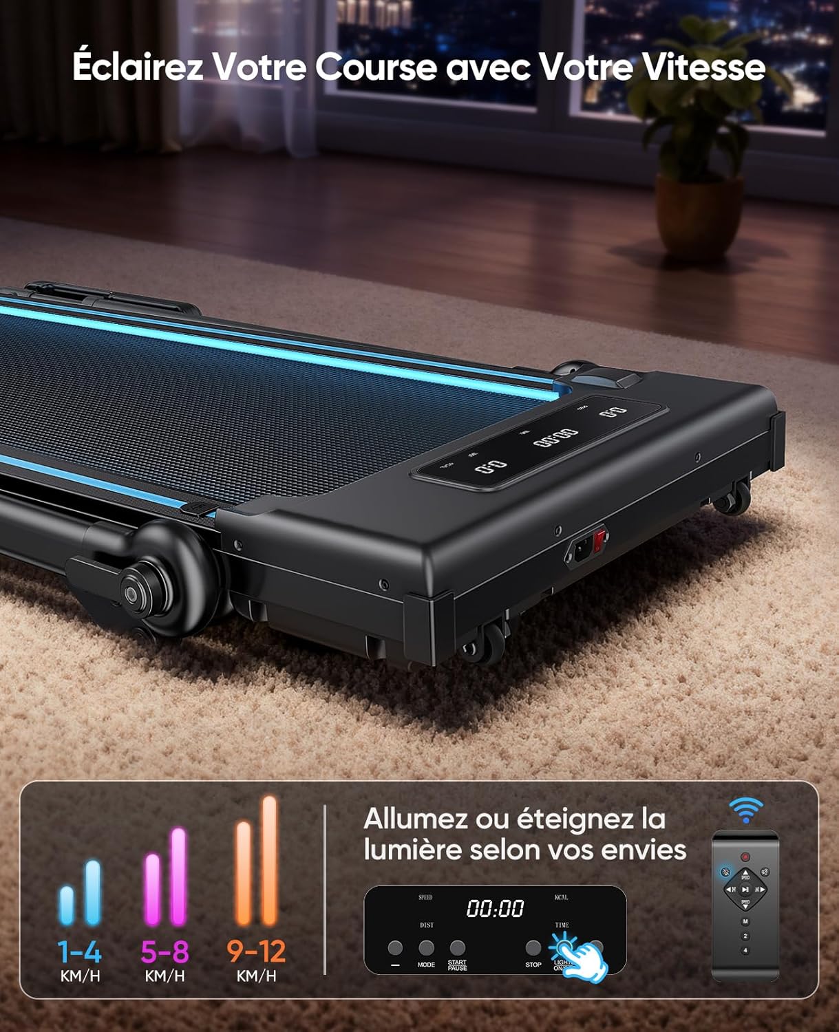 Tapis de course pliable inclinable 12% 6 en 1 table amovible 12 km/h 30 HP poignée télescopique RGB 150 kg