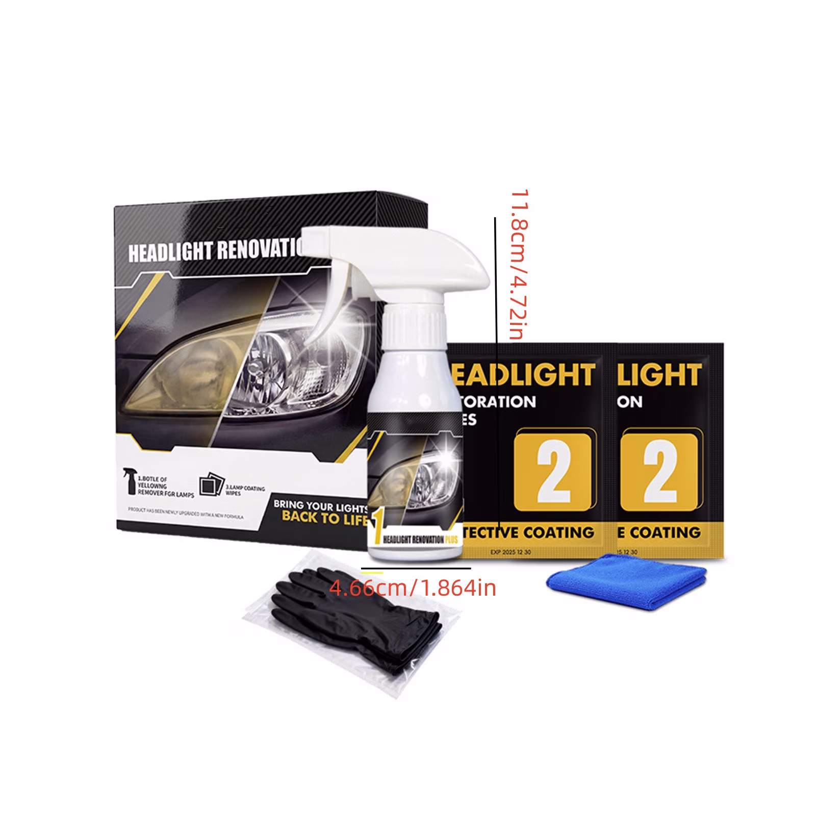 Votnto 120 Milliliter Automotive Headlight Restoration Spray Kit Oxidation Yellow Fog Scratch Repair With Wipes Gloves Microfiber Towel For Car Motorcycle Plastic Headlamp Lens