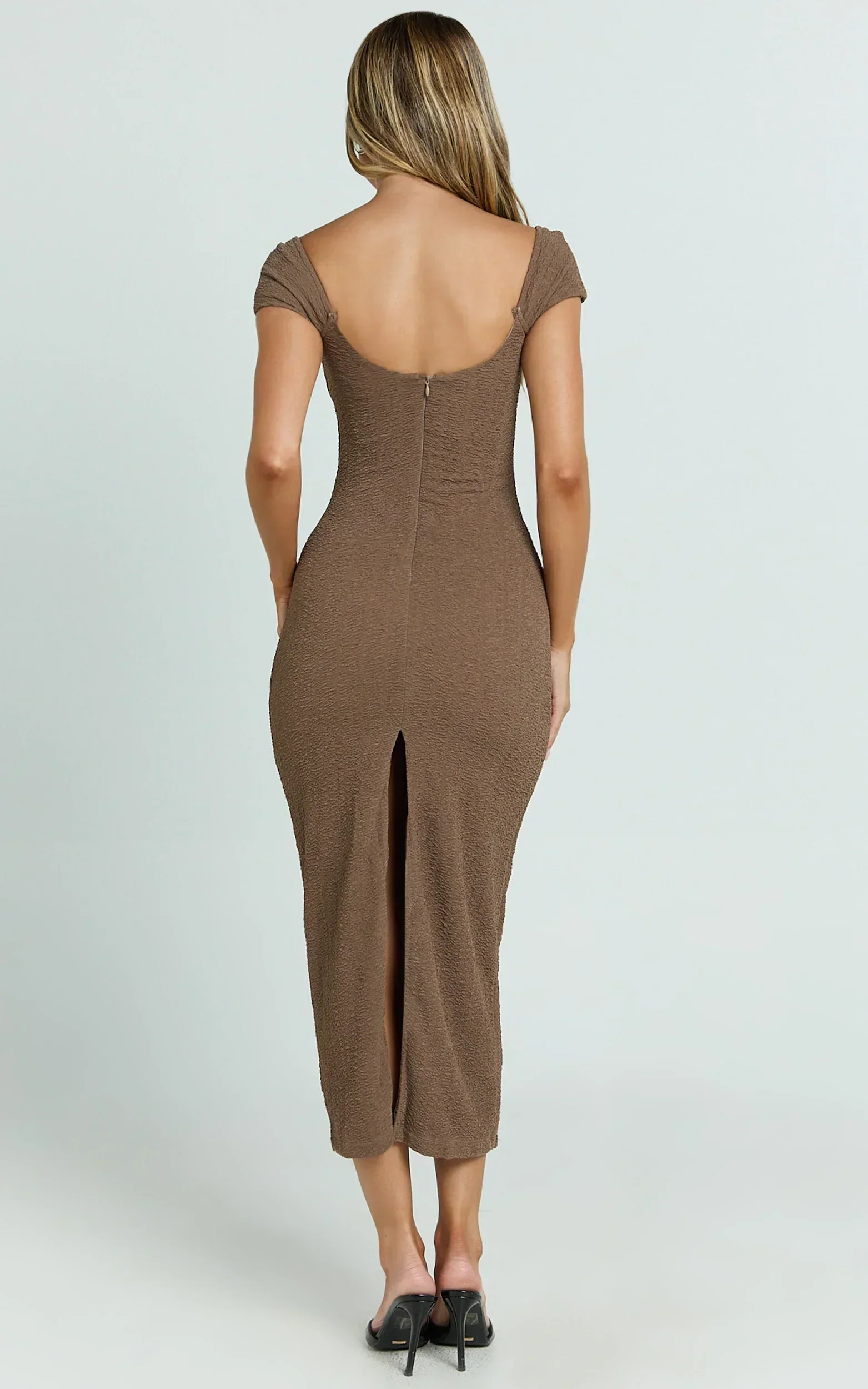 Elia Midi Dress - Cap Sleeve Sweetheart Underwire Fitted Dress in Brown