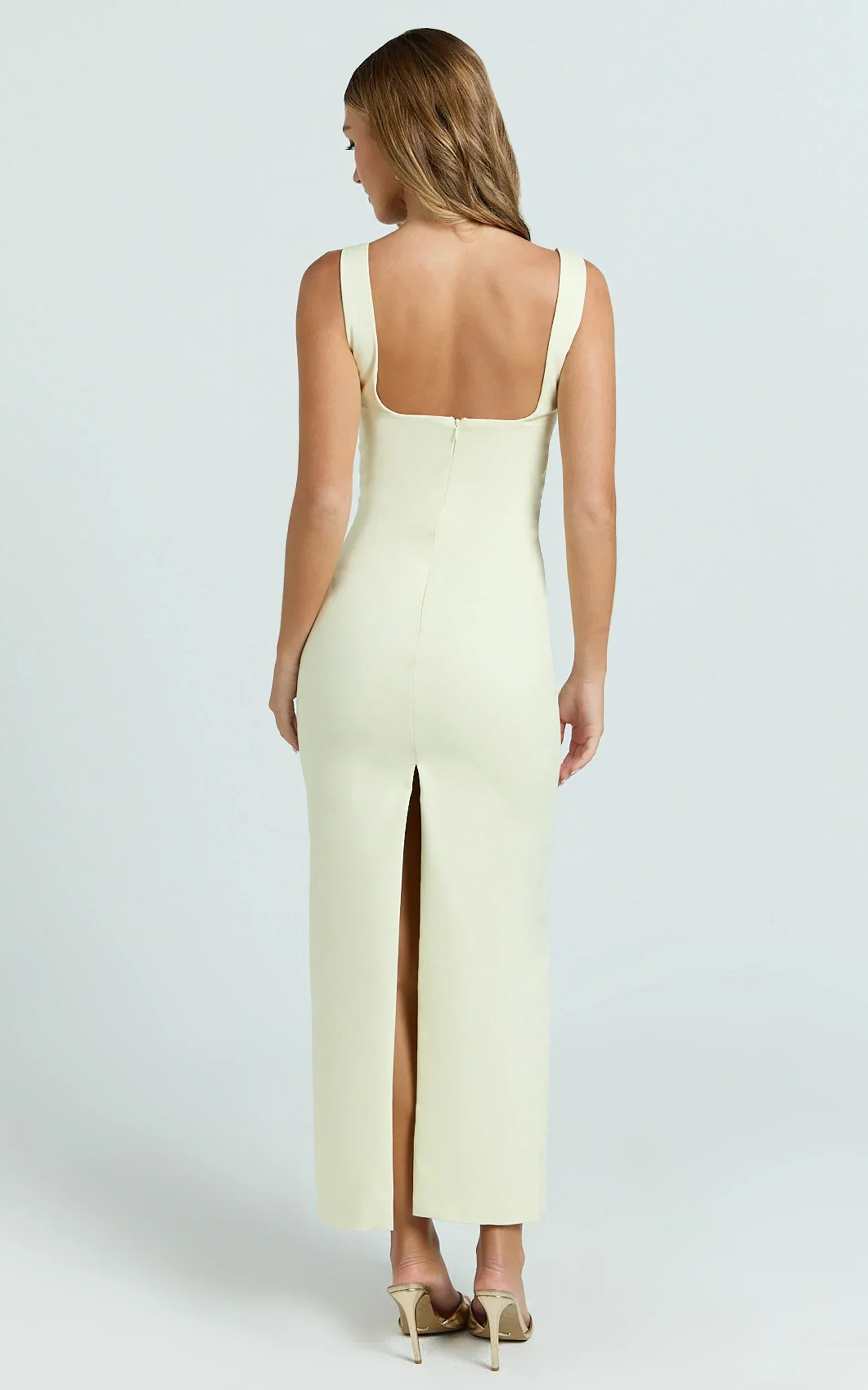 Benita Midi Dress - Scoop Neck Ruched Fitted Dress in Lemon