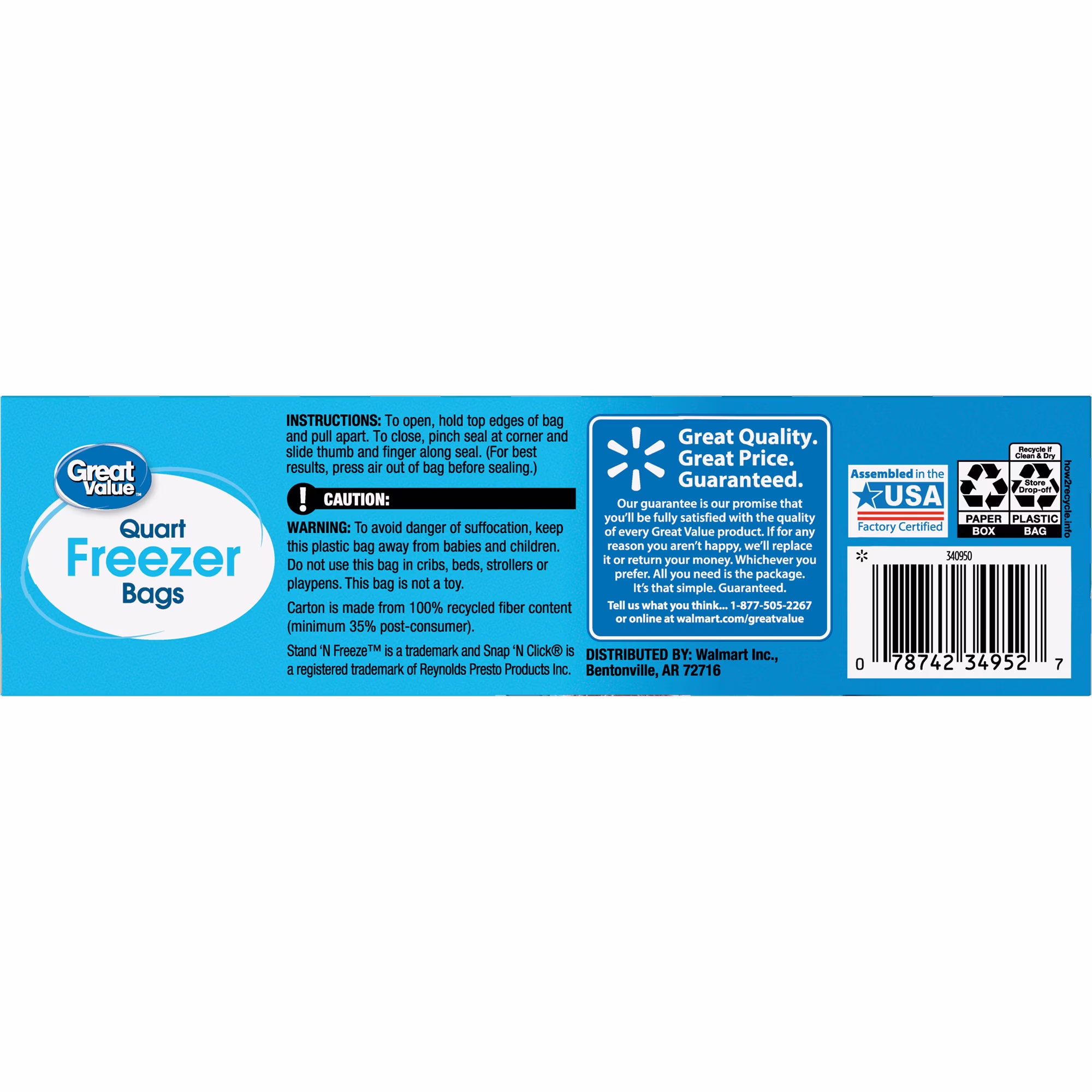 Great Value Freezer Guard Double Zipper Quart Freezer Bag, 25 Count