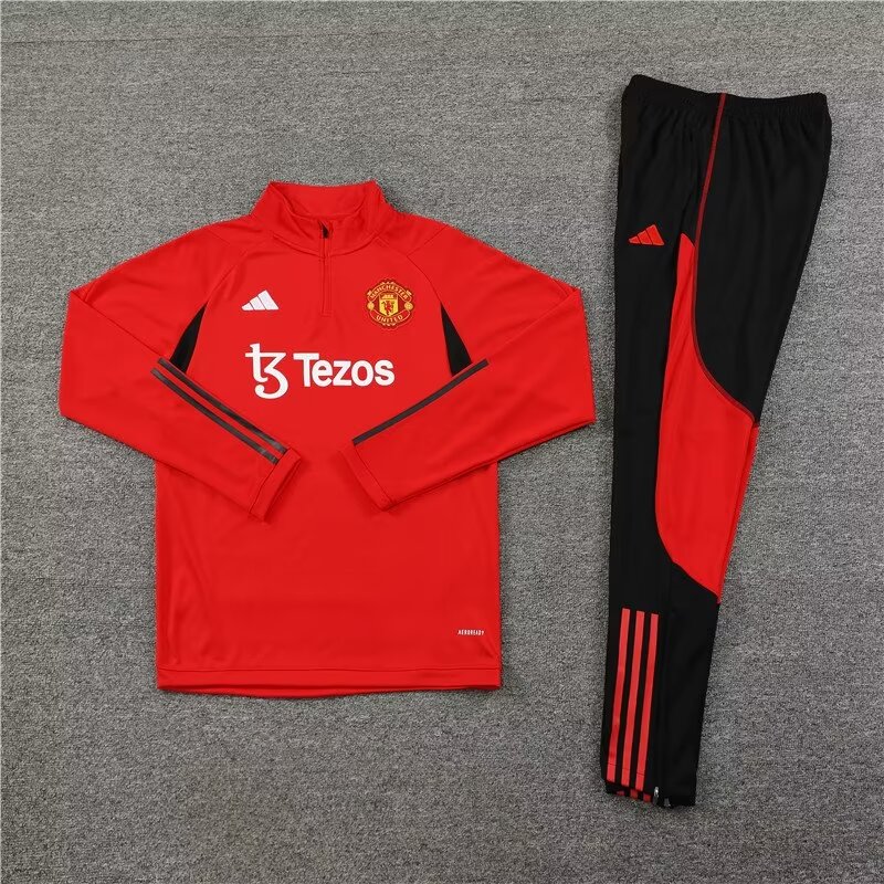 2023/2024 Manchester United Half Pull Training Wear Red Football Shirt 1:1 Thailand Quality Suit