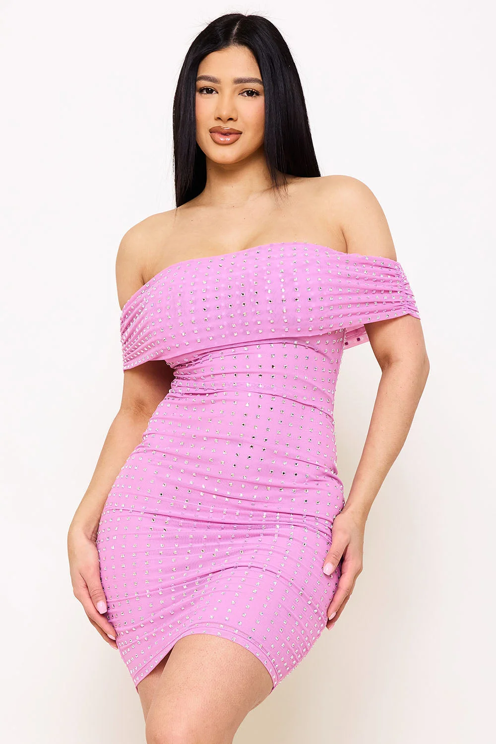 Symphony Dress - Square Rhinestone On Power Mesh Off The Shoulder Midi Dress