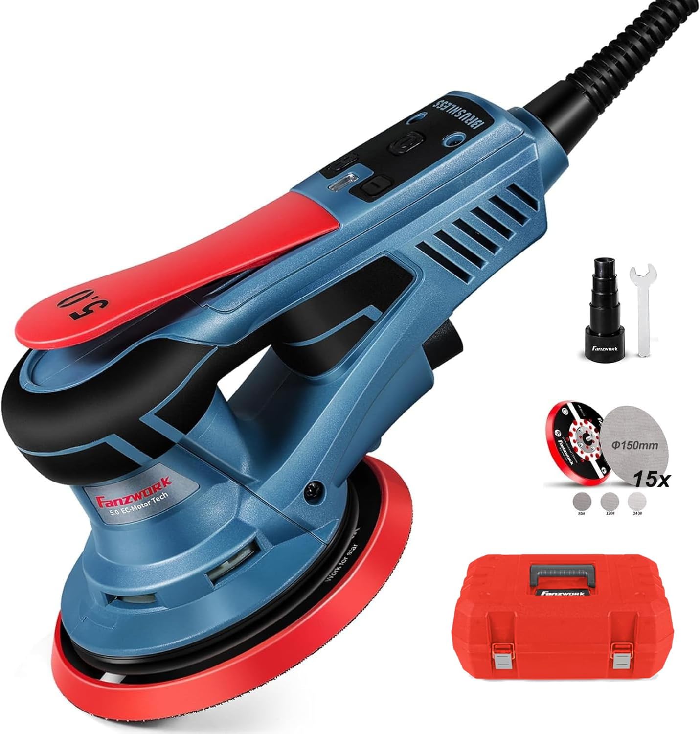 Ponceuse excentrique 150 mm 350 W 7 vitesses avec disques et mallette