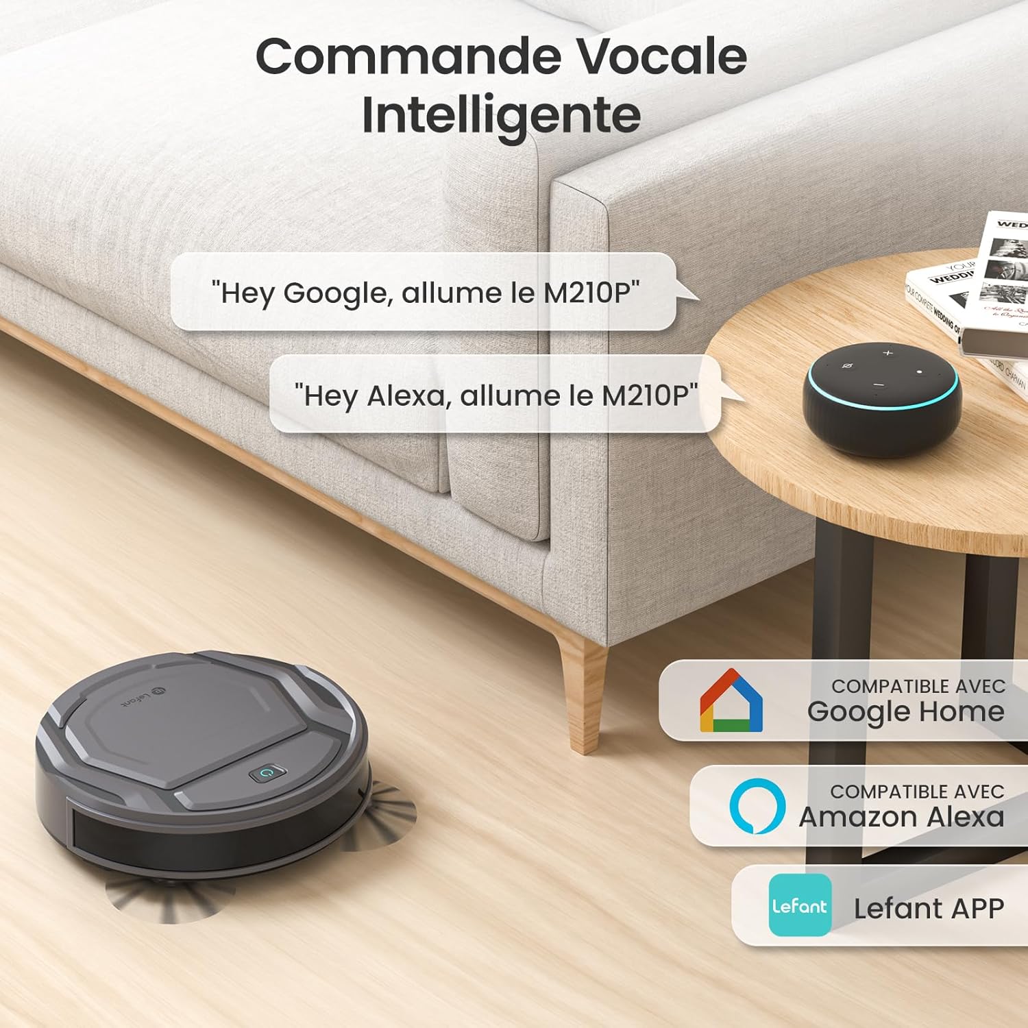 Robot aspirateur M210P 2200Pa mince silencieux 6 modes auto charge WiFi Bluetooth 120 min idéal poils animaux sols tapis