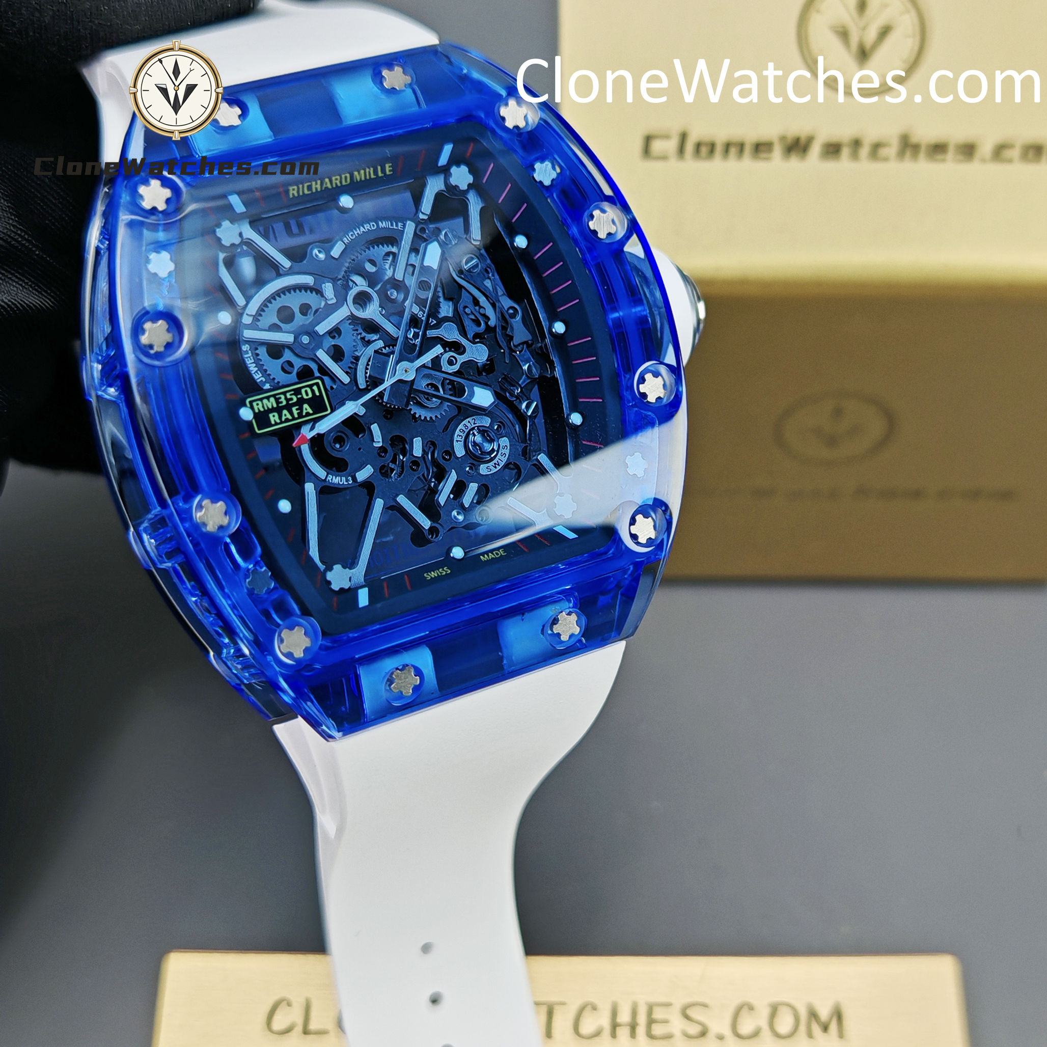 Richard Mille Super Clone Watches 1:1 RM 035 Blue Crystal Tourbillon Transparent Strap
