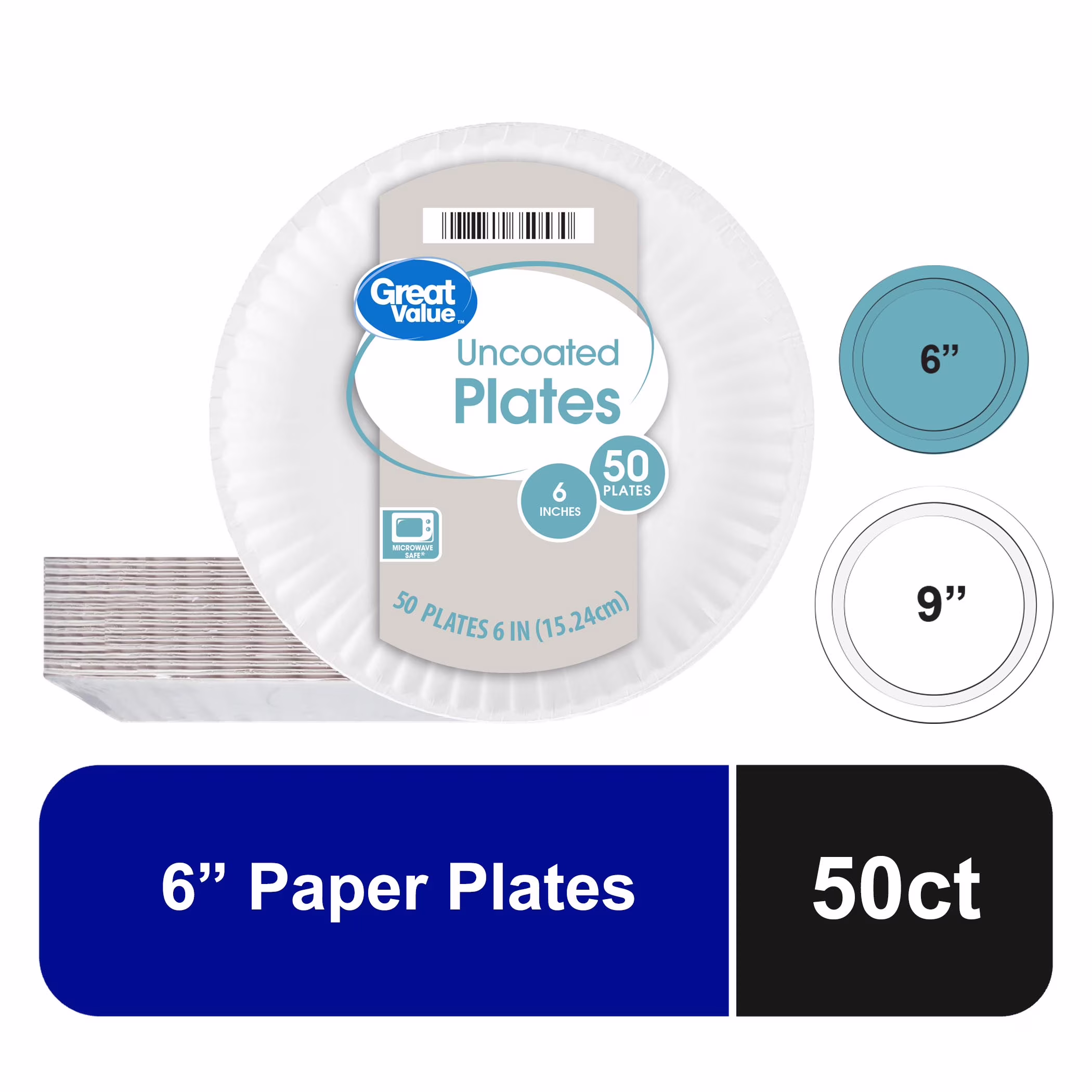 Great Value Uncoated White Paper Plates, 6 Inch, Pack of 50