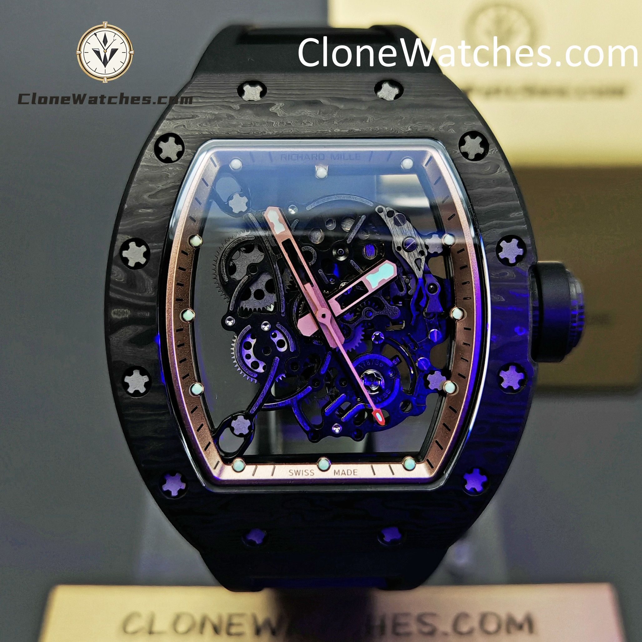 Richard Mille Super Clone Watches 1:1 RM 055 Carbon Tourbillon Black Strap