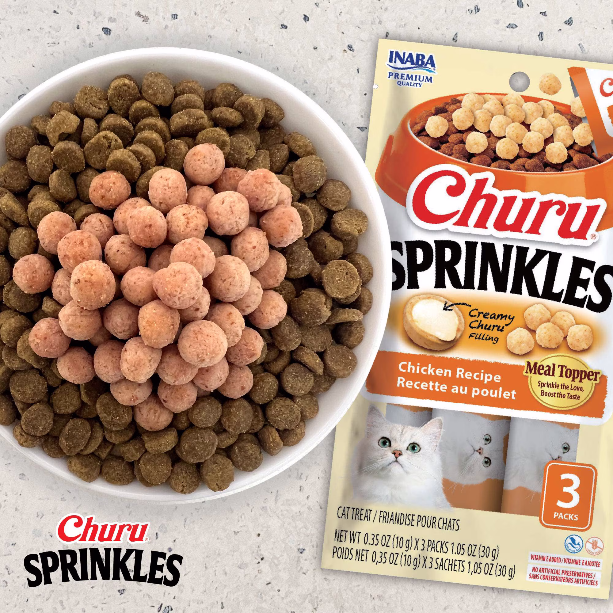 INABA Churu Sprinkles Cat Meal Topper, Soft & Chewy Baked Chicken with Taurine, Tuna & Salmon Recipe, 0.35 oz Packs, 3‑Count
