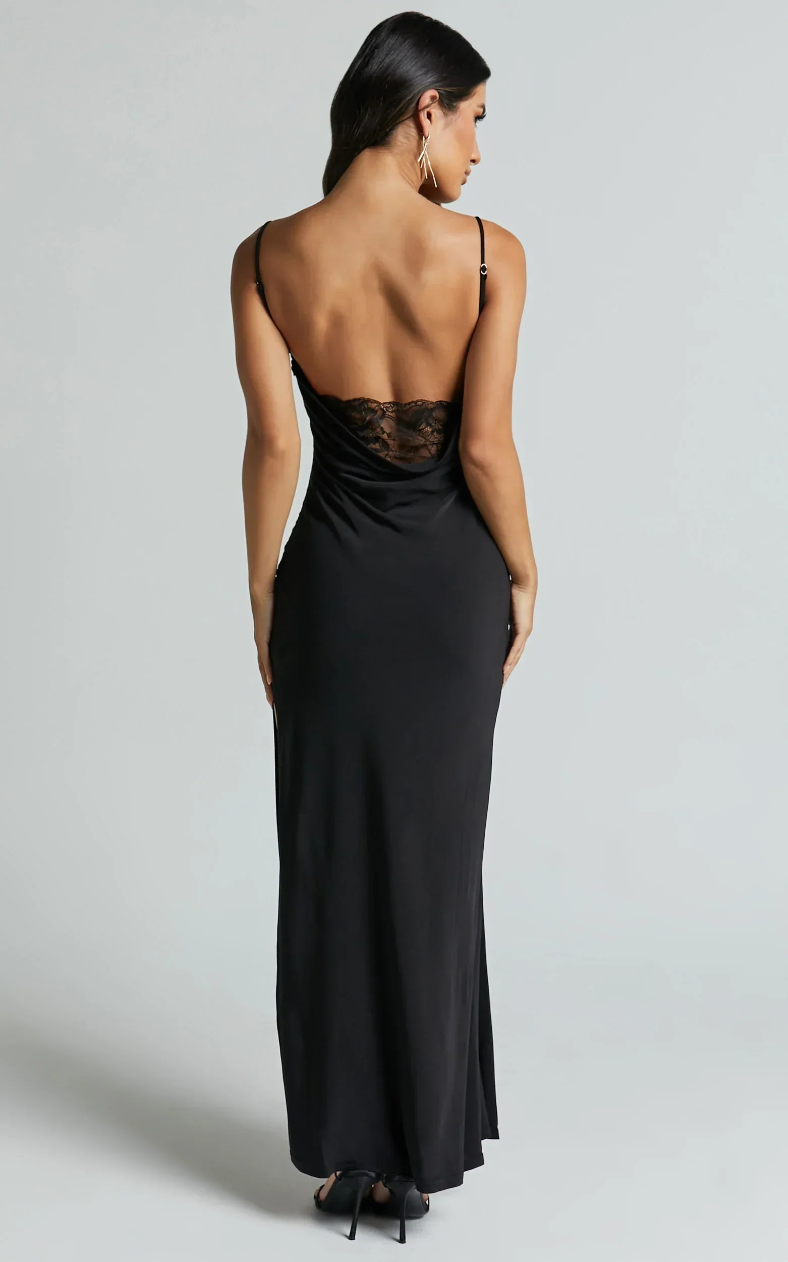 Carrie Maxi Dress - Cowl Back Lace Insert Dress in Black